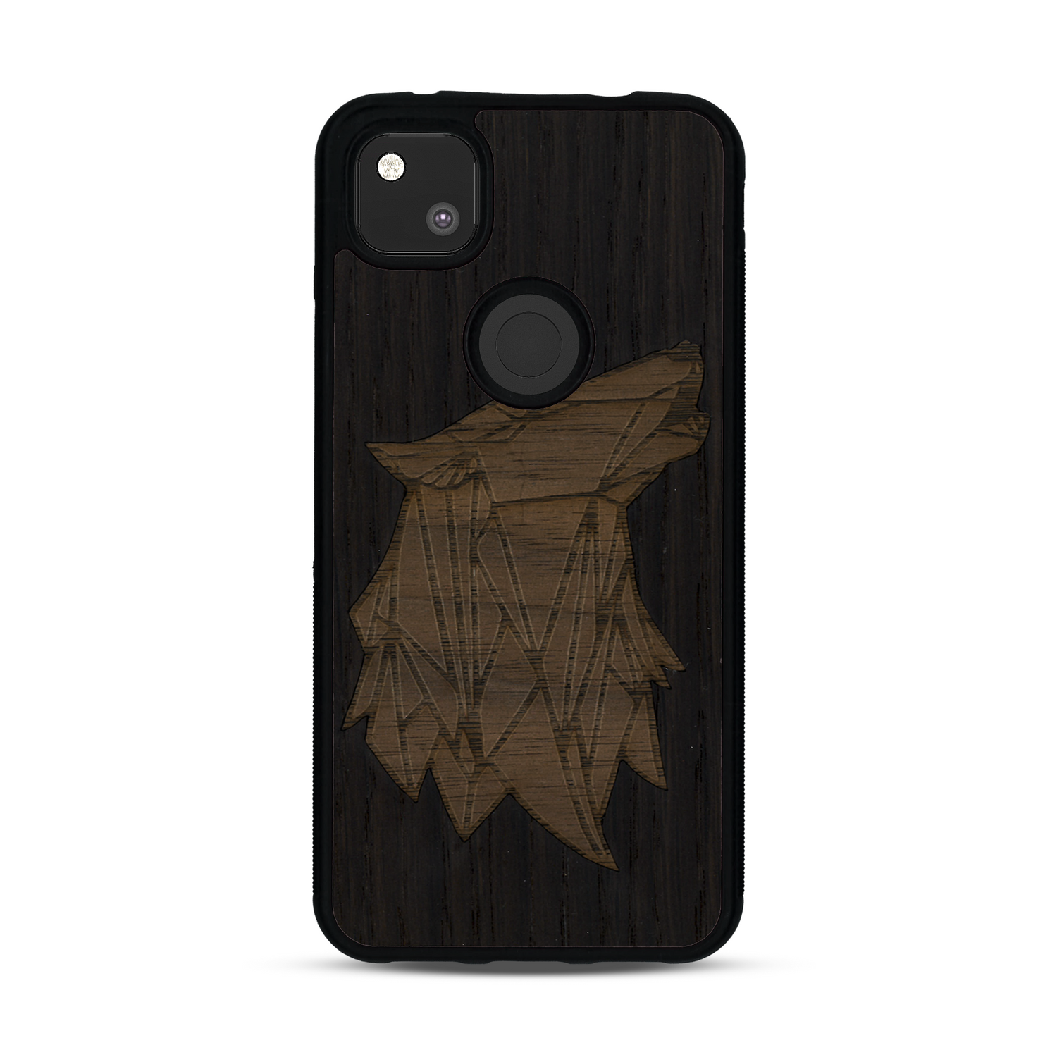 Coque de protection en bois véritable fabriquée en France pour  alliant du chêne fumé et du noyer représentant une tête de loup géométrique de profil sur le thème des animaux et de la nature