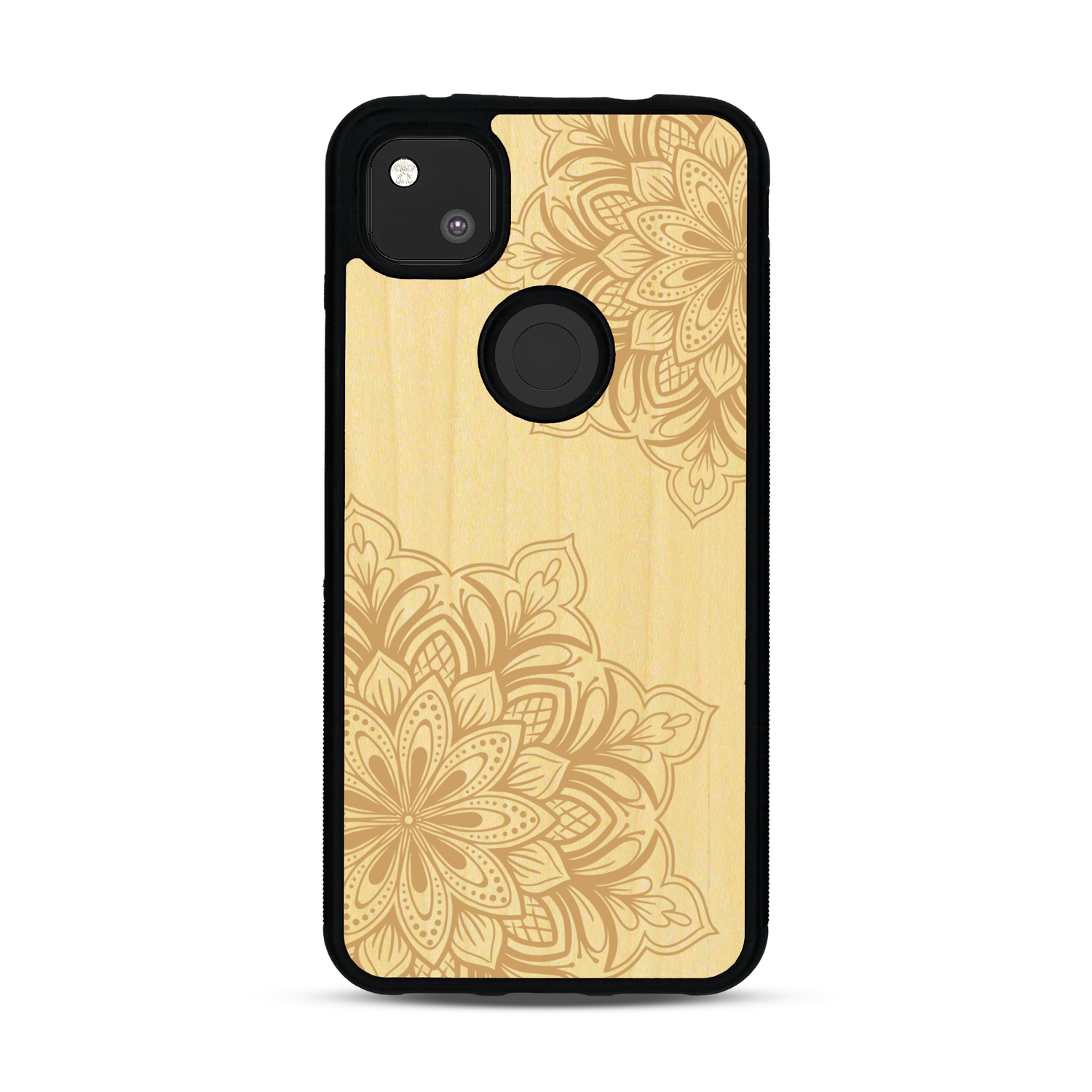 Coque de protection en bois véritable fabriquée en France pour  sur le thème de la bohème et du tatouage au henné avec une gravure représentant un mandala