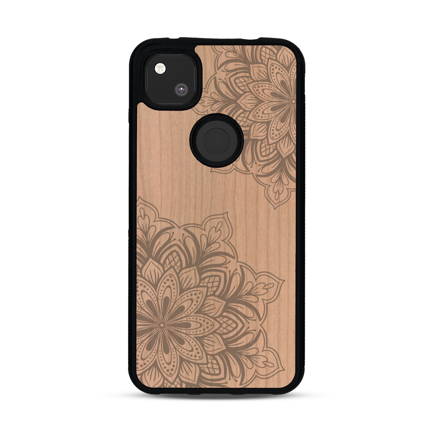 Coque de protection en bois véritable fabriquée en France pour  sur le thème de la bohème et du tatouage au henné avec une gravure représentant un mandala