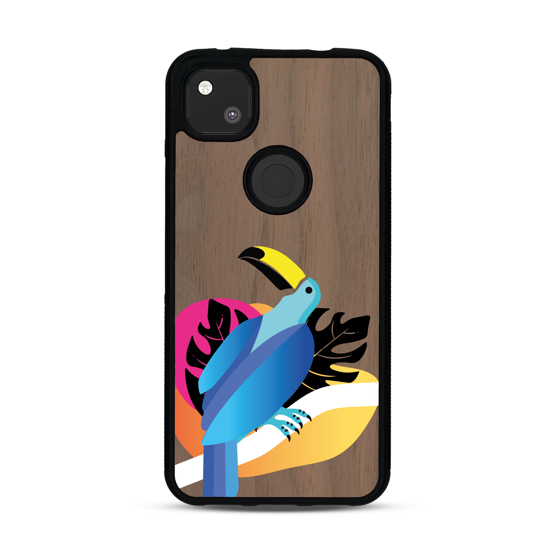 Coque de protection en bois véritable fabriquée en France pour Google Pixel 4A représentant un toucan coloré avec un design moderne et minimaliste sur le thème de la jungle et de la nature