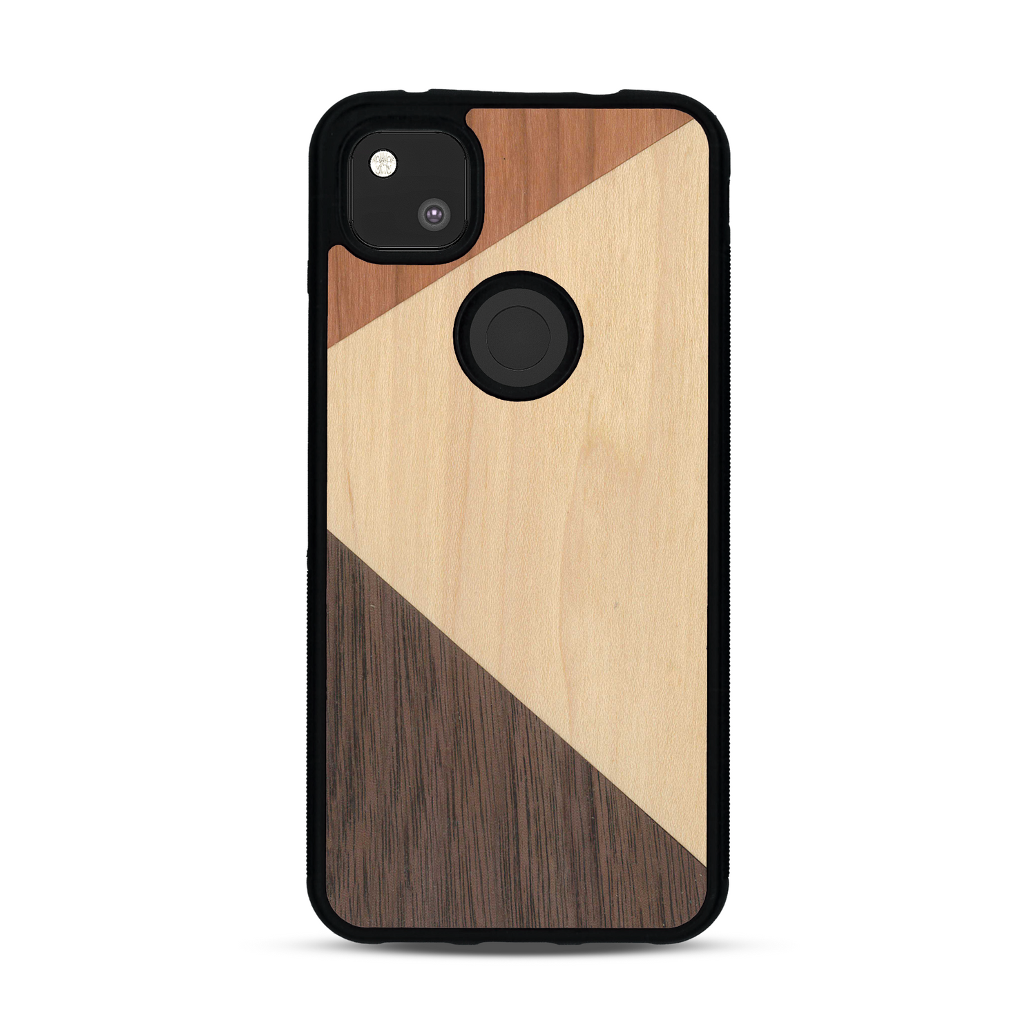 Coque de protection en bois véritable fabriquée en France pour  alliant du merisier, du noyer et du bambou formant chacun deux triangles et un trapèze avec deux jointures en diagonale sur le thème de l'art abstrait
