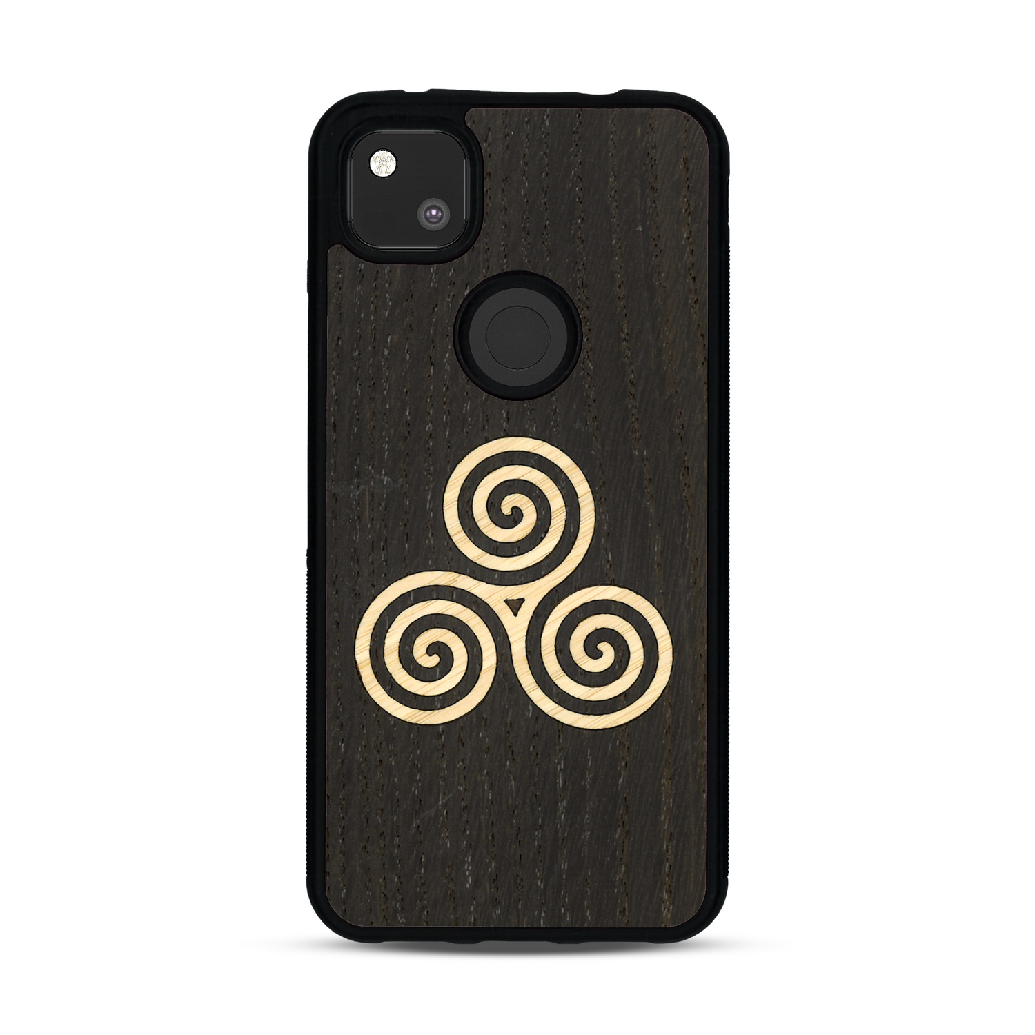 Coque de protection en bois véritable fabriquée en France pour  alliant du chêne fumé et du bambou et doré représentant un triskell