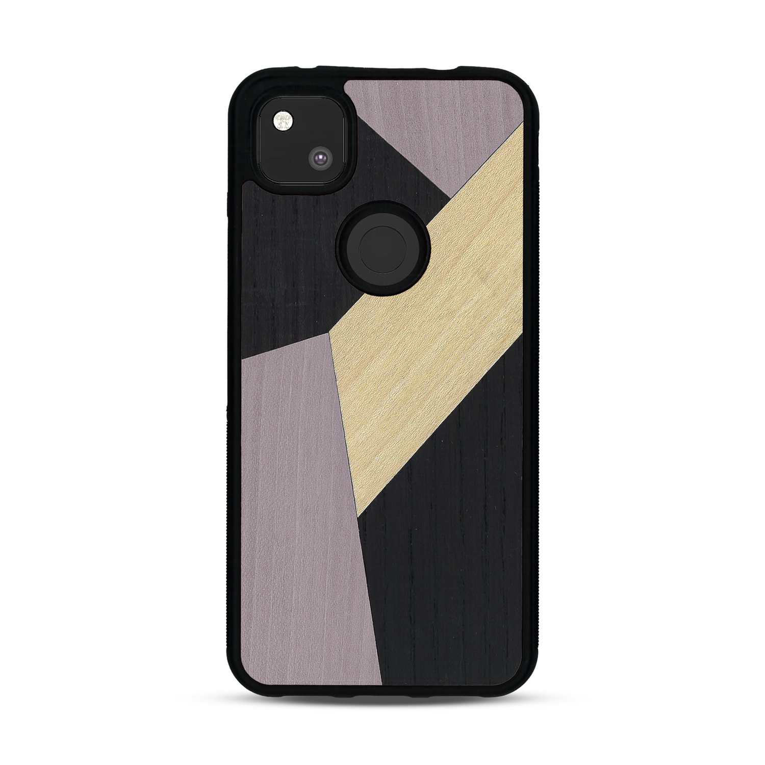 Coque de protection en bois véritable fabriquée en France pour  alliant du bambou, du tulipier mauve et noir en forme de mosaïque minimaliste sur le thème de l'art abstrait