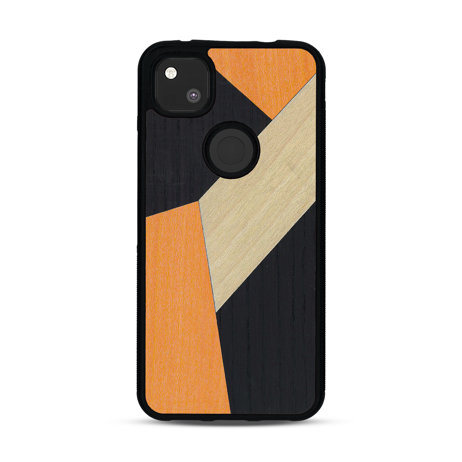 Coque de protection en bois véritable fabriquée en France pour  alliant du bambou, du tulipier orange et noir en forme de mosaïque minimaliste sur le thème de l'art abstrait