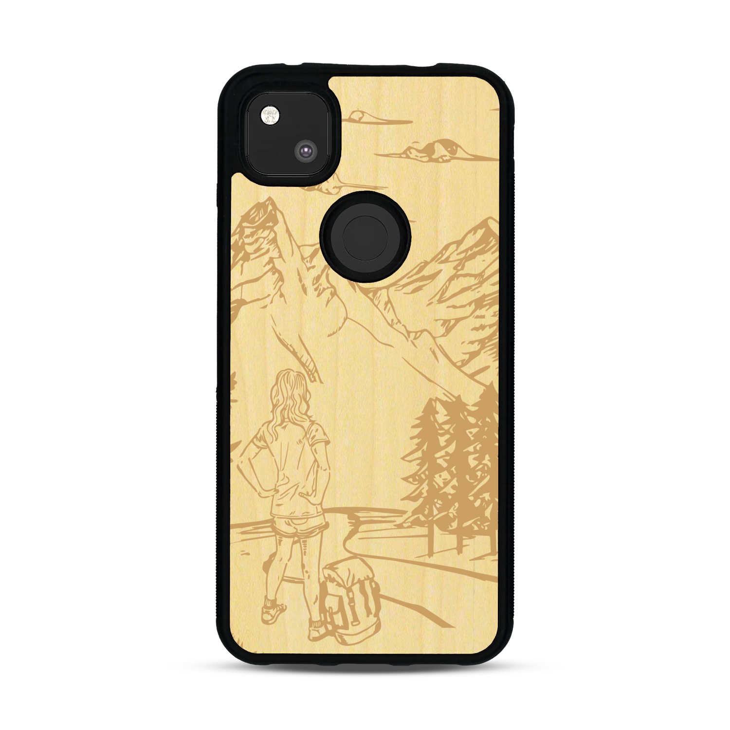 Coque de protection en bois véritable fabriquée en France pour  sur le thème de la randonnée en montagne et de l'aventure avec une gravure représentant une femme de dos face à un paysage de nature