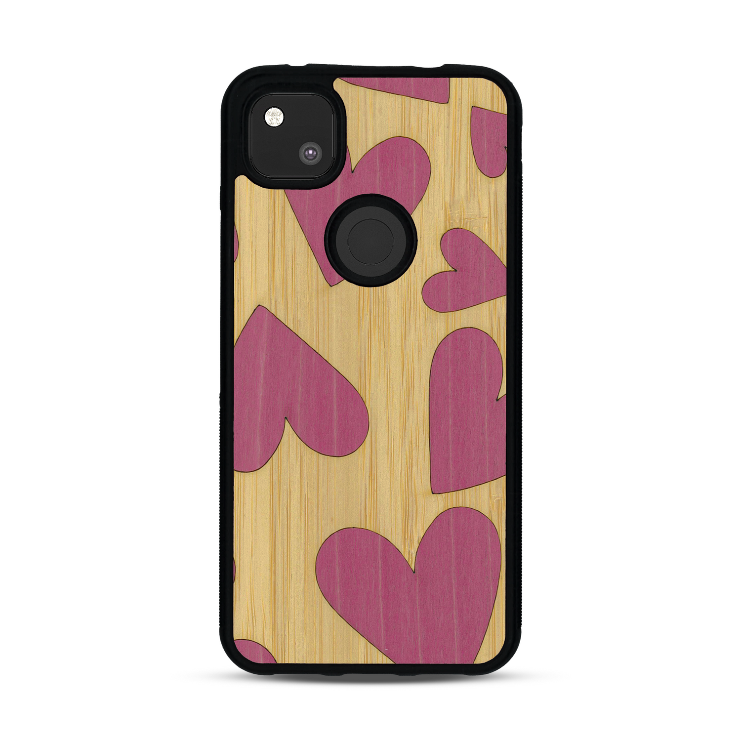 Coque de protection en bois véritable fabriquée en France pour  alliant plusieurs essences de bois pour représenter des coeurs pour les amoureux