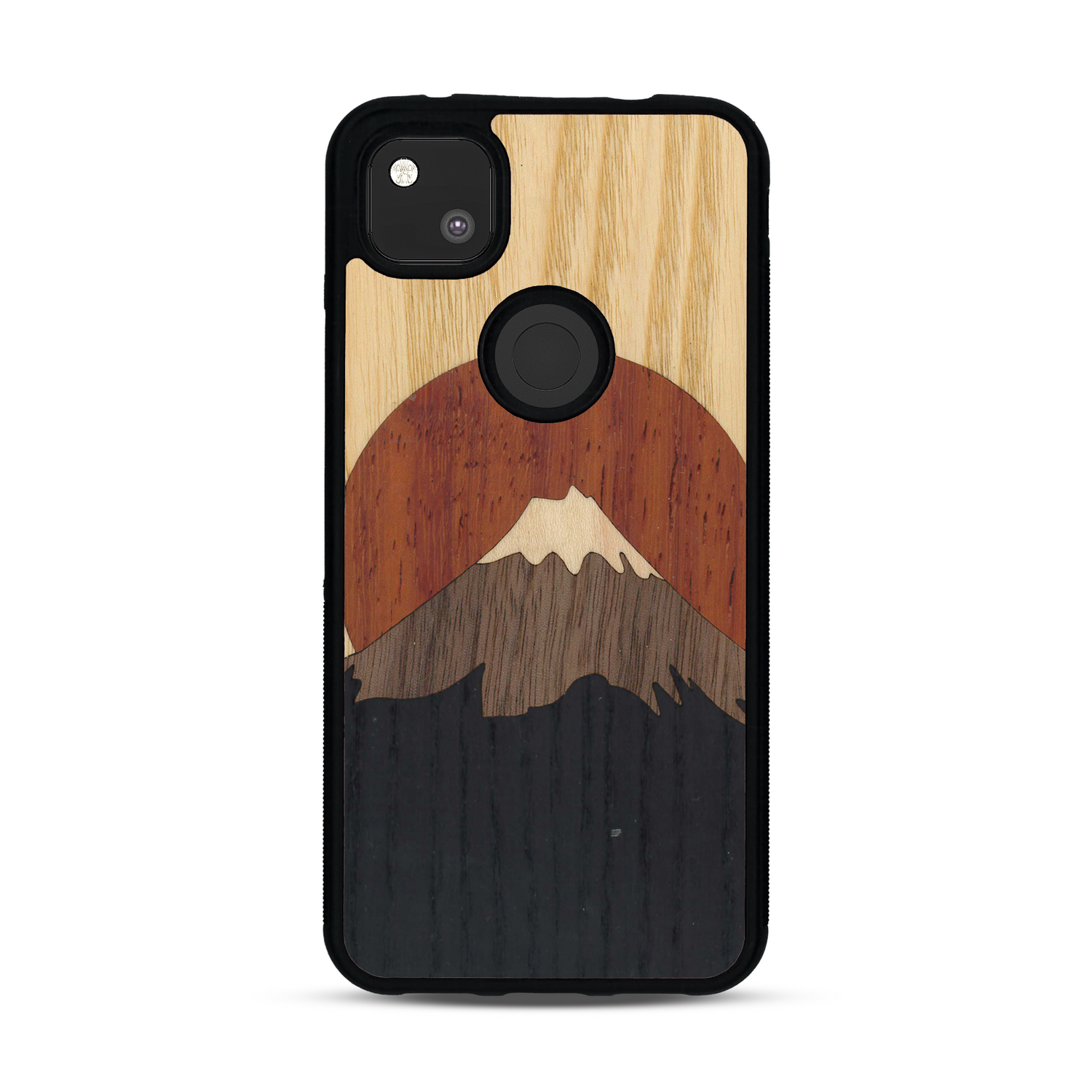 Coque de protection en bois véritable fabriquée en France pour  alliant plusieurs essences de bois pour représenter le mont Fuji