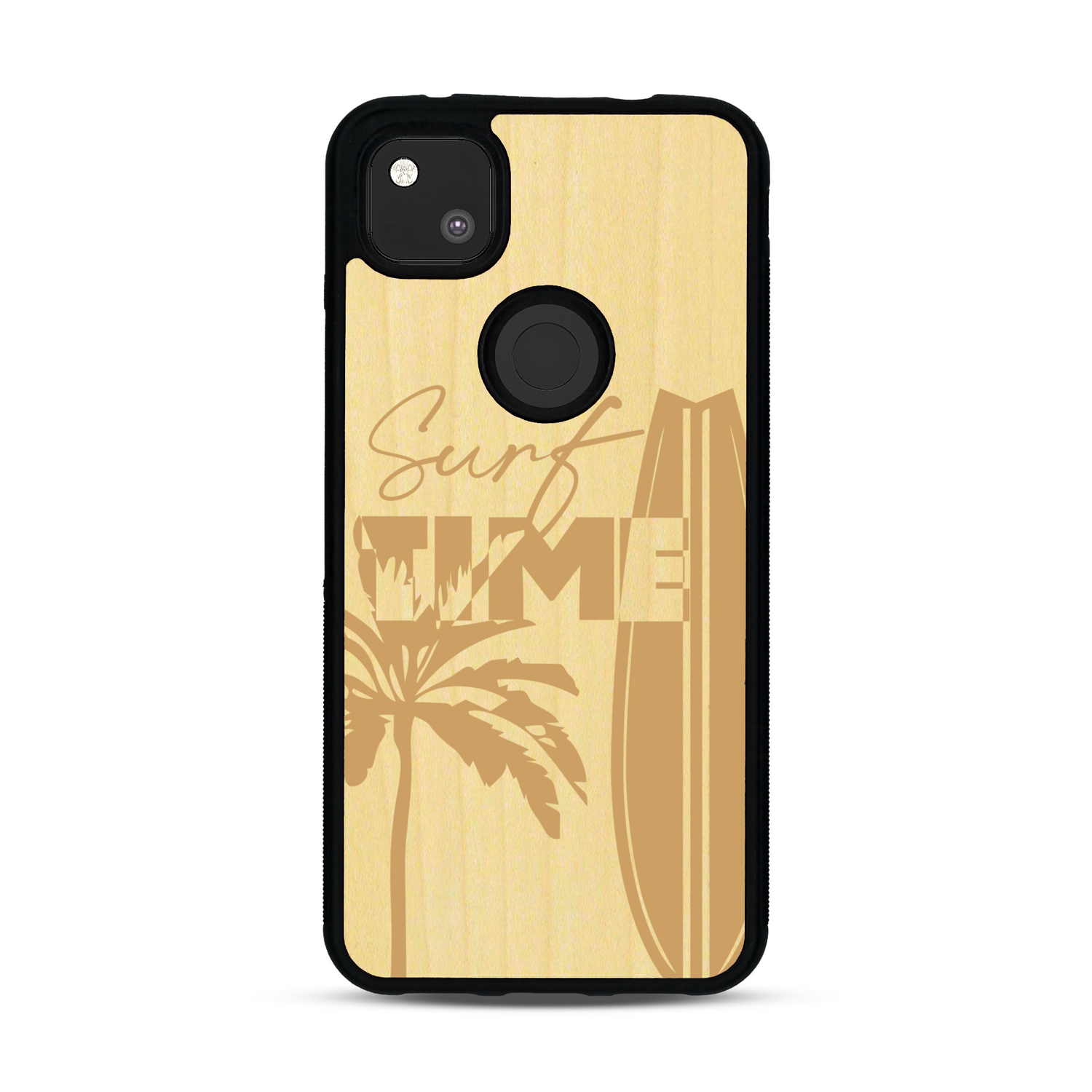 Coque de protection en bois véritable fabriquée en France pour  sur le thème chill avec un motif représentant une silouhette tenant une planche de surf sur une plage entouré de palmiers et les mots "Surf Time Long Beach Miami"