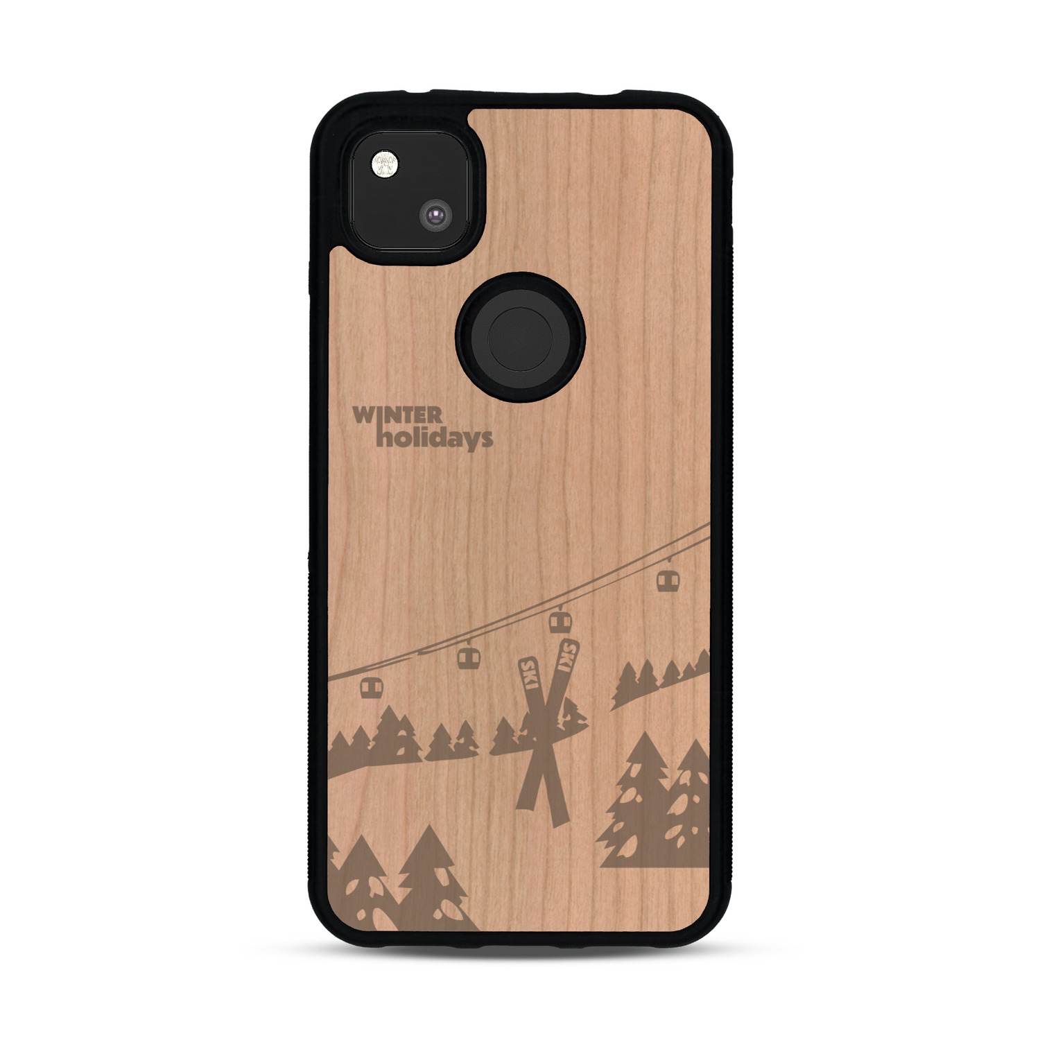 Coque de protection en bois véritable fabriquée en France pour  sur le thème de la montagne, du ski et de la neige avec un motif représentant une paire de ski plantée dans la neige avec en fond des montagnes enneigées