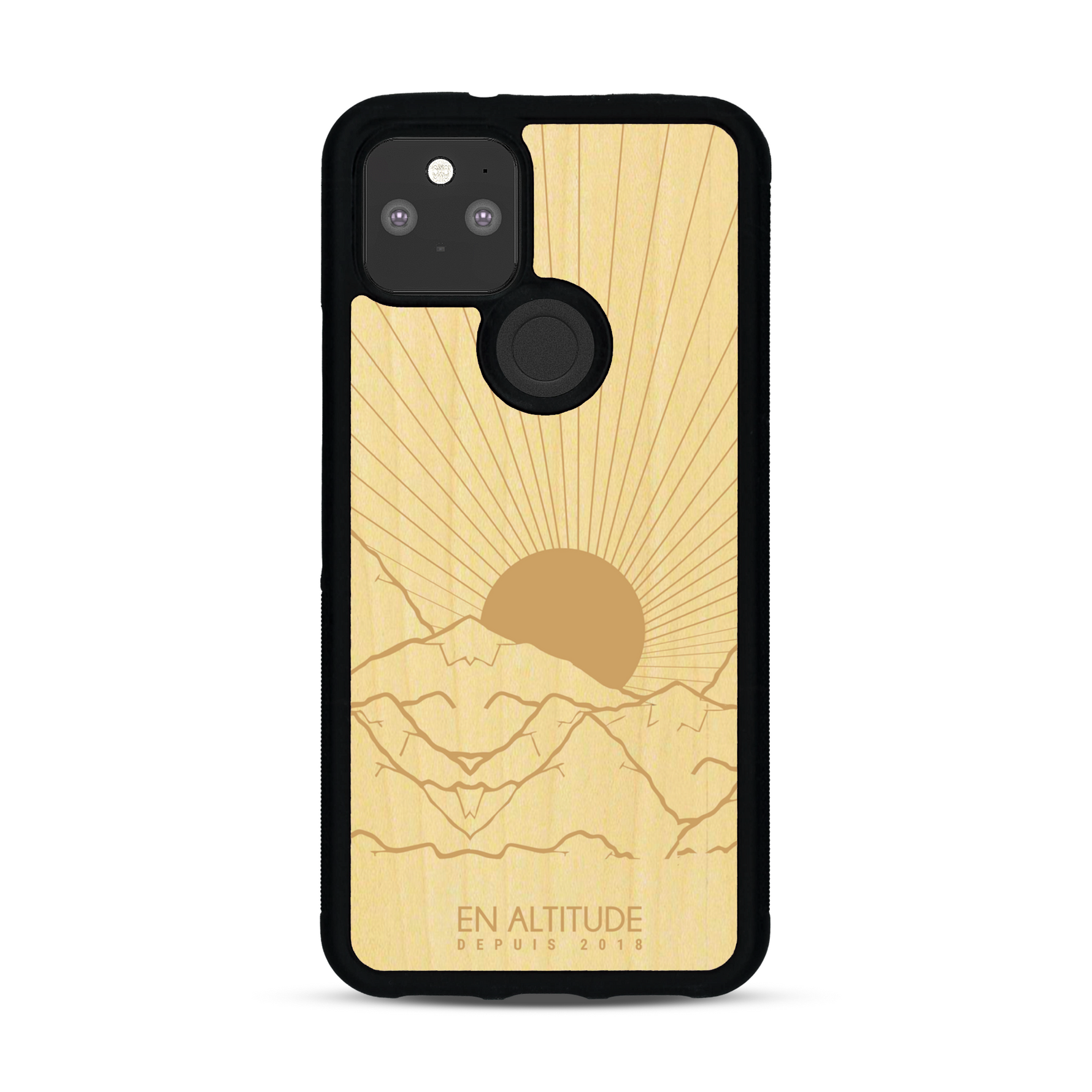 Coque de protection en bois véritable fabriquée en France pour  représentant des montagnes, sur le thème de la randonnée en pleine nature et du trail