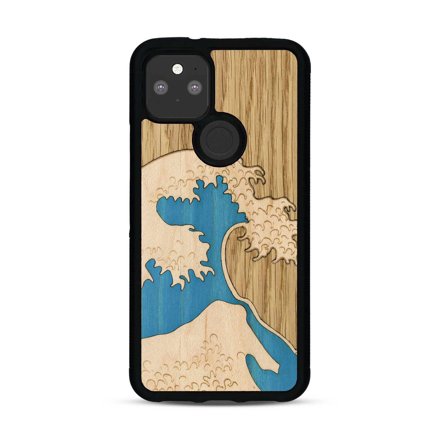 Coque de protection en bois véritable fabriquée en France pour  alliant plusieurs essences de bois pour représenter la célèbre grande vague de Kanagawa