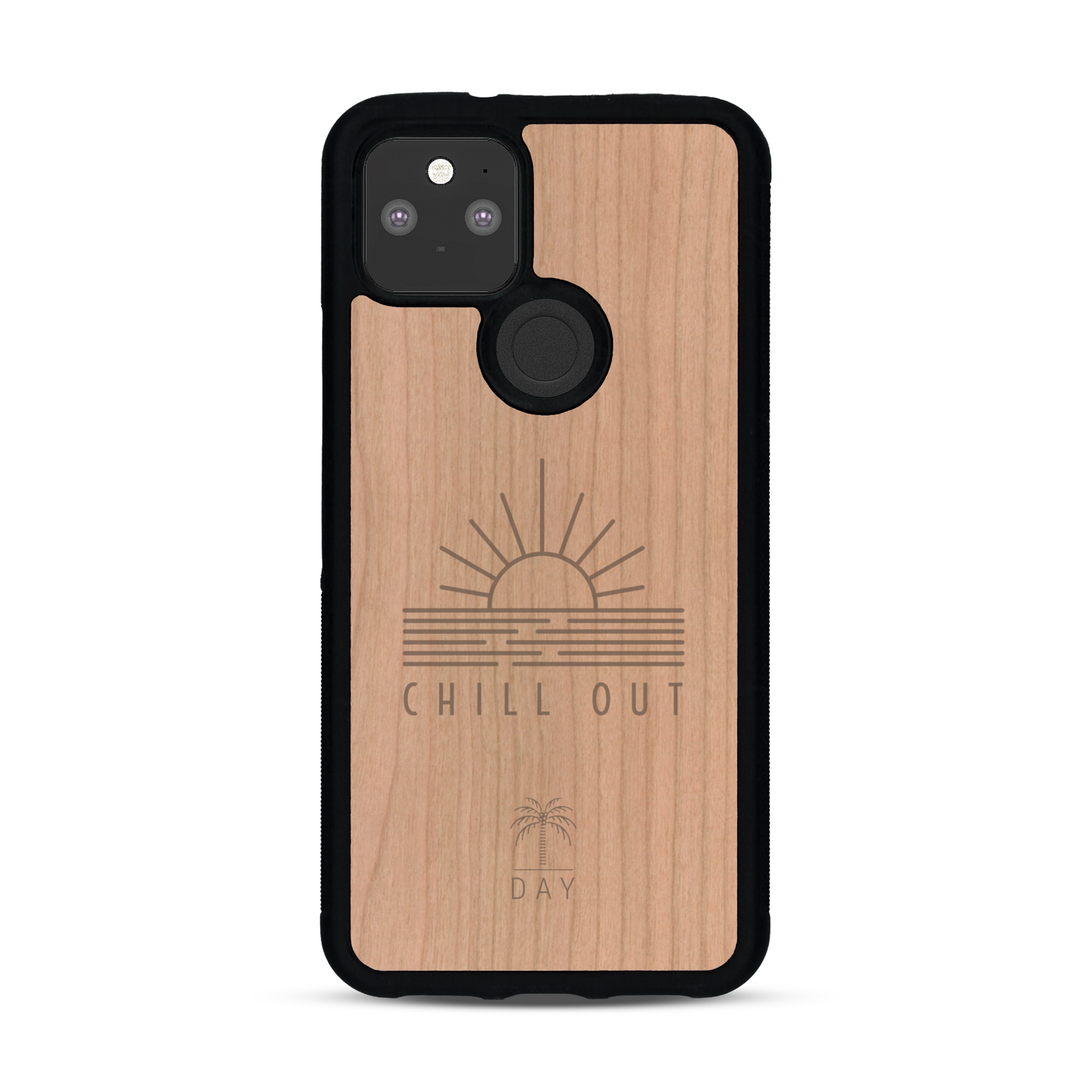Coque de protection en bois véritable fabriquée en France pour  sur le thème chill avec un motif représentant un couché de soleil sur l'océan et la phrase "Chill out"
