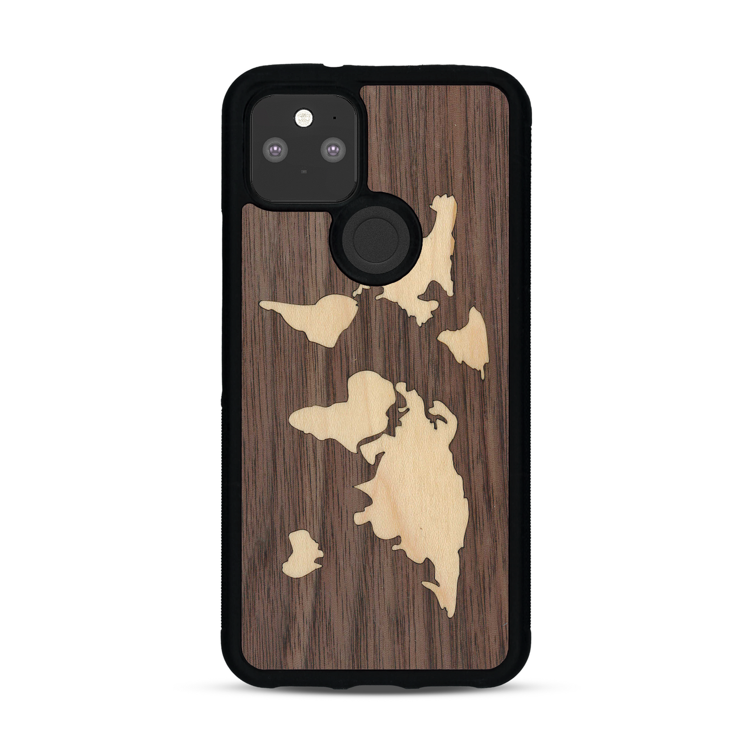 Coque de protection en bois véritable fabriquée en France pour  alliant du bambou et du noyer sur le thème du voyage et de l'aventure représentant une mappemonde