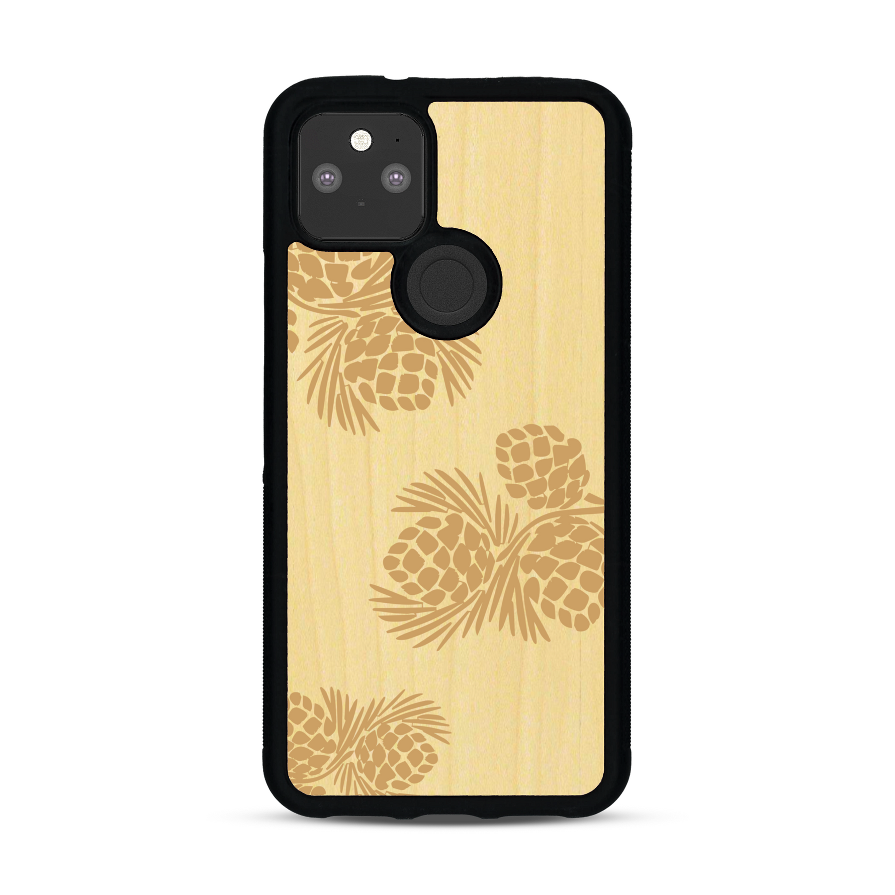 Coque de protection en bois véritable fabriquée en France pour  sur le thème de la nature des arbres avec un motif de gravure représentant des épines de sapin et des pommes de pin