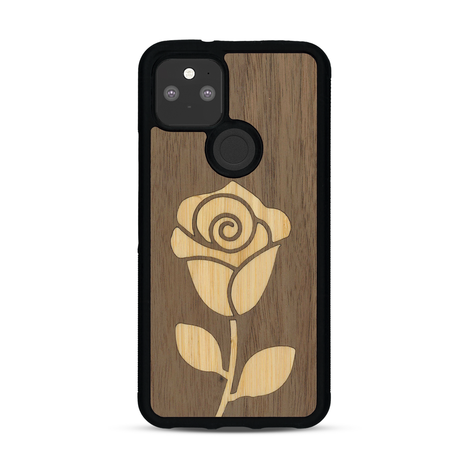 Coque de protection en bois véritable fabriquée en France pour  alliant plusieurs essences de bois pour représenter une rose