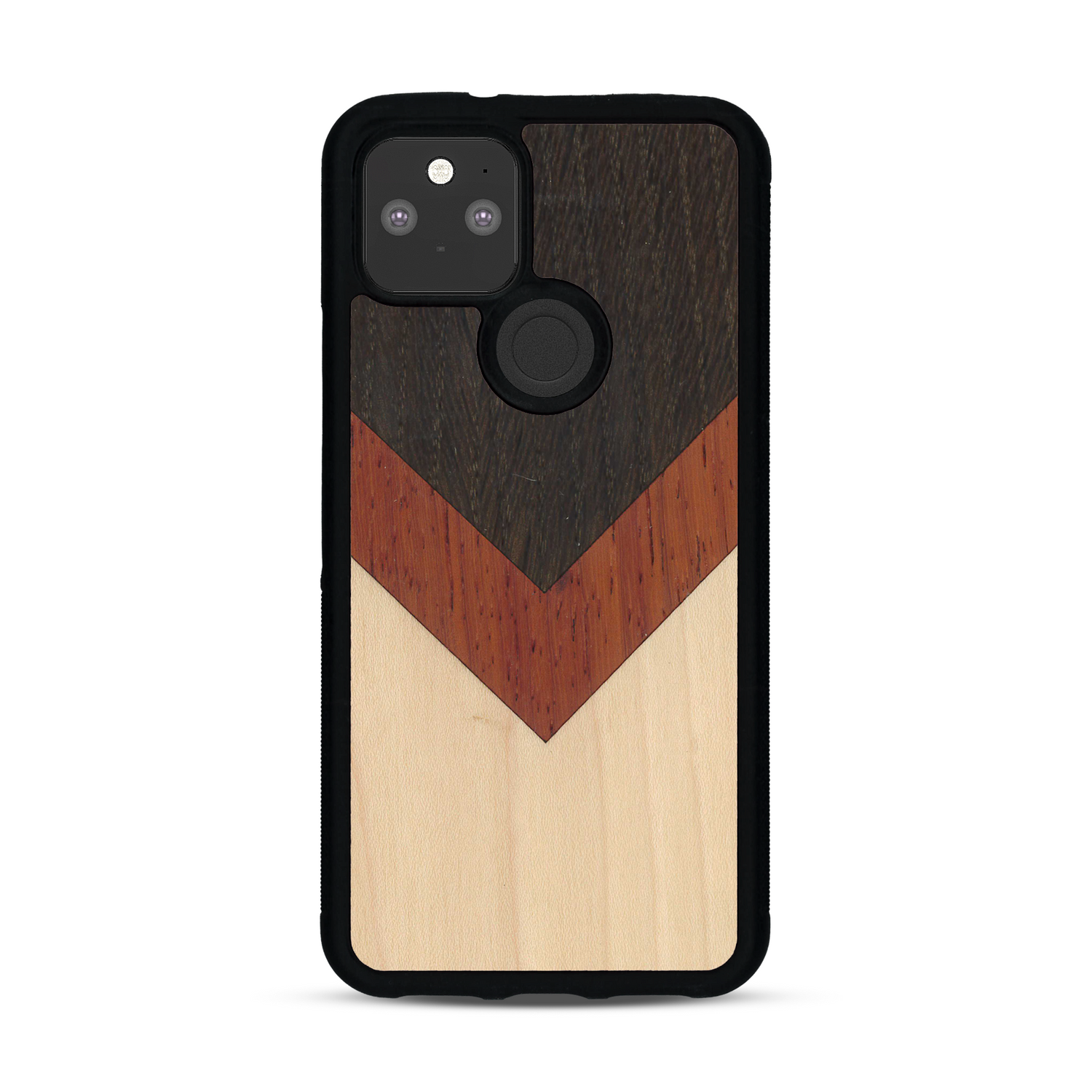 Coque de protection en bois véritable fabriquée en France pour  alliant du chêne fumé, du padouk et du bambou en forme de chevron sur le thème de l'art abstrait