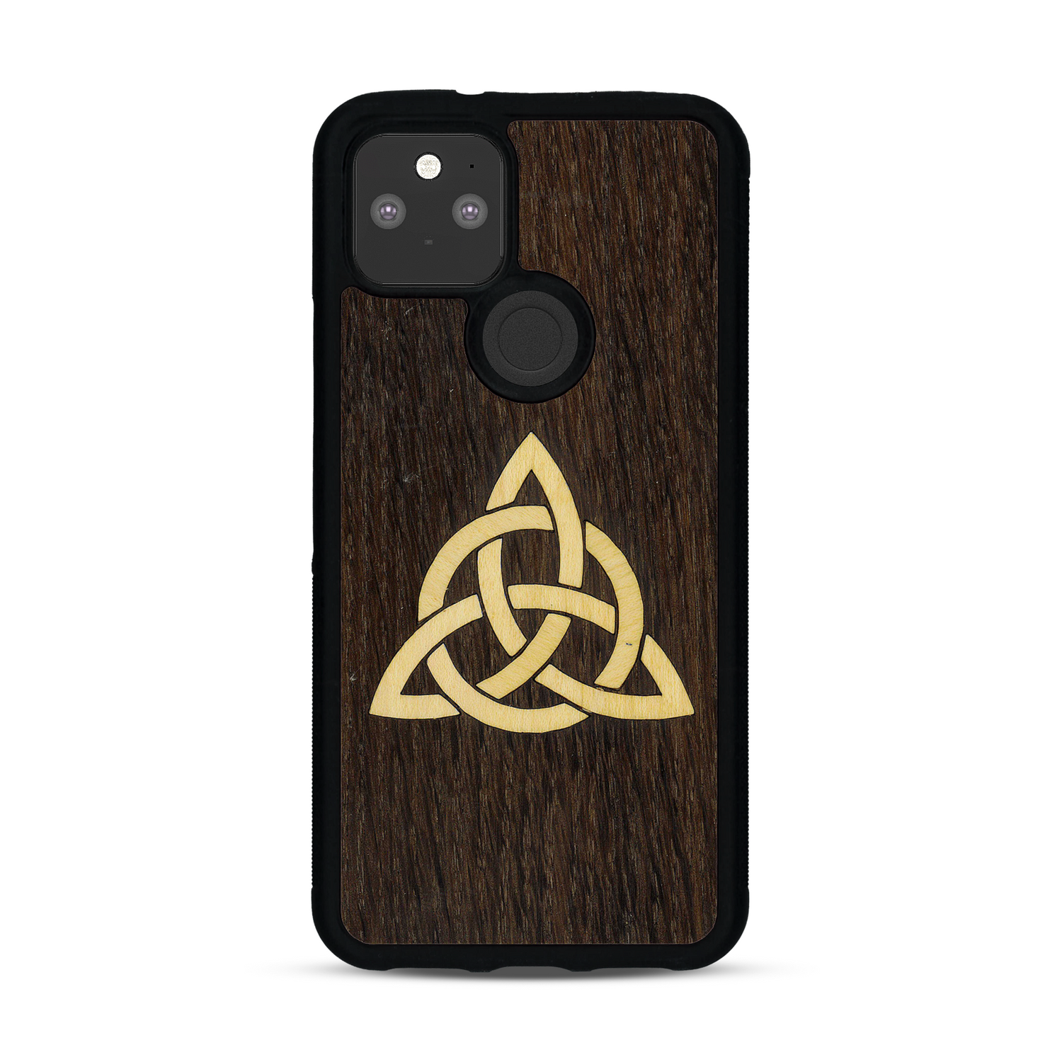 Coque de protection en bois véritable fabriquée en France pour  alliant du chêne fumé et du bambou représentant une triquetra