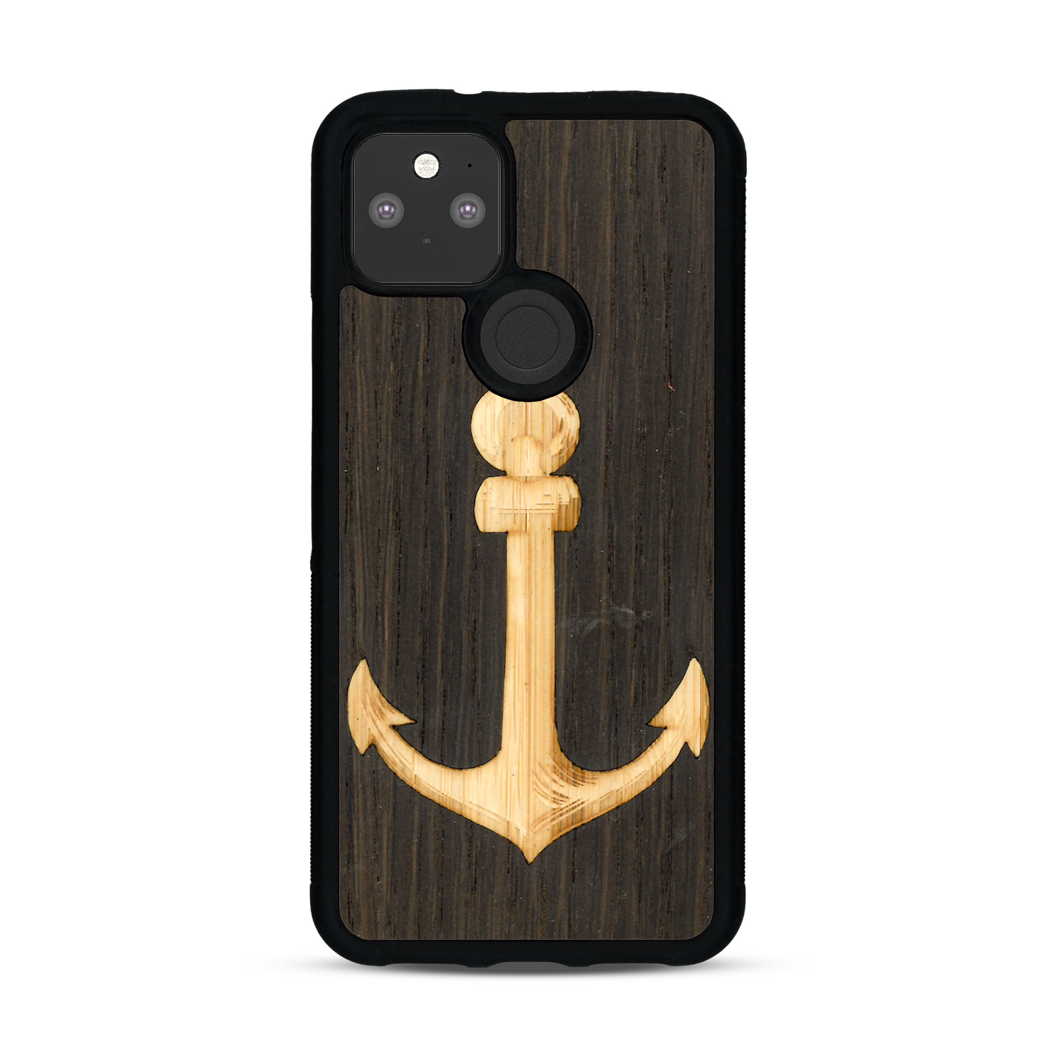 Coque de protection en bois véritable fabriquée en France pour  sur le thème nautique avec un bois clair et un bois foncé représentant une ancre de bateau