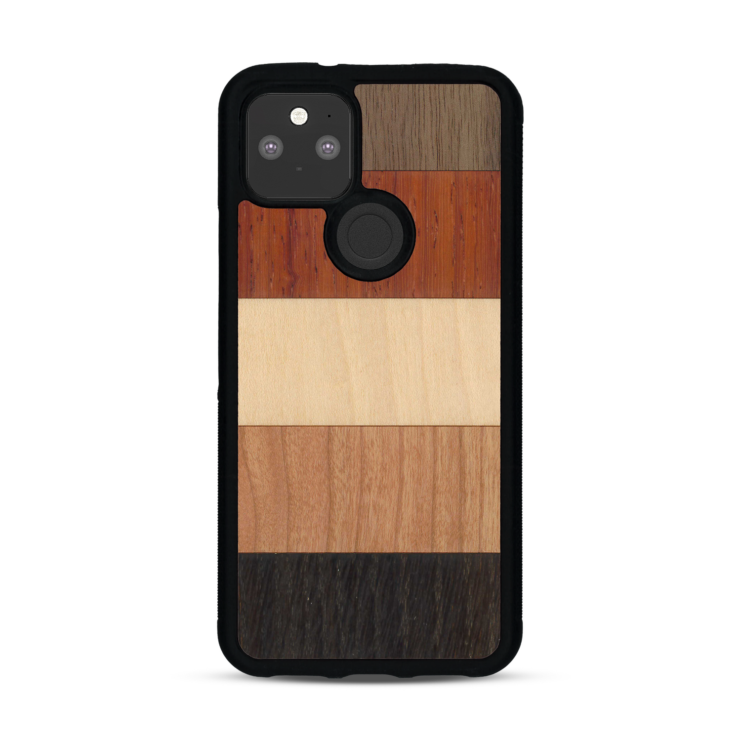 Coque de protection en bois véritable fabriquée en France pour  alliant des bandes horizontales de bambou, merisier, padouk, noyer et chêne fumé