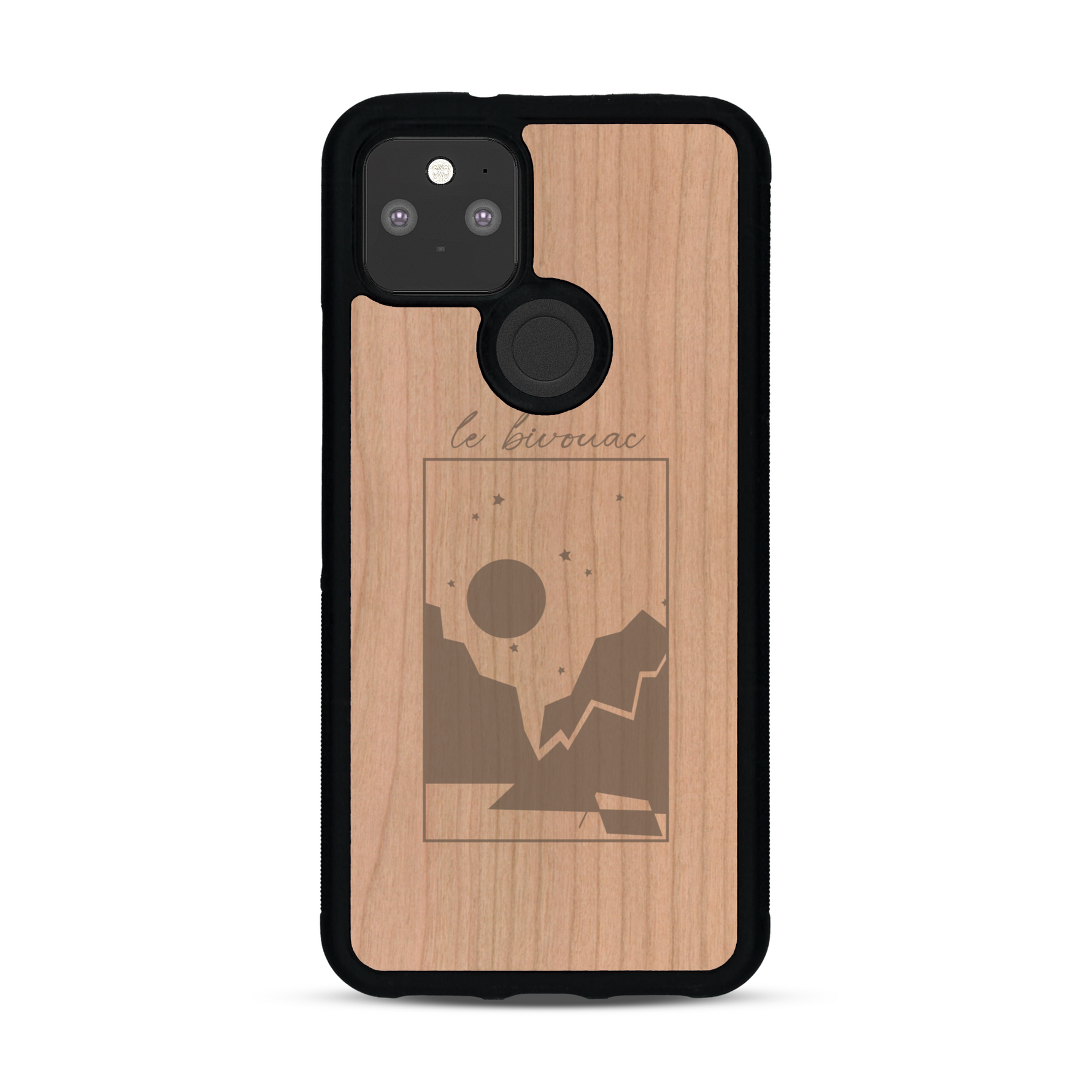 Coque de protection en bois véritable fabriquée en France pour  sur le thème du camping en pleine nature et du bivouac avec la phrase "Aventure is out there"