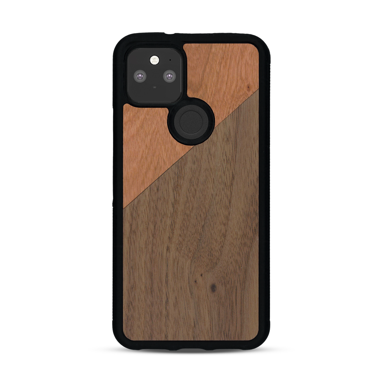 Coque de protection en bois véritable fabriquée en France pour  alliant du merisier et du noyer formant chacun un triangle avec une jointure en diagonale sur le thème de l'art abstrait
