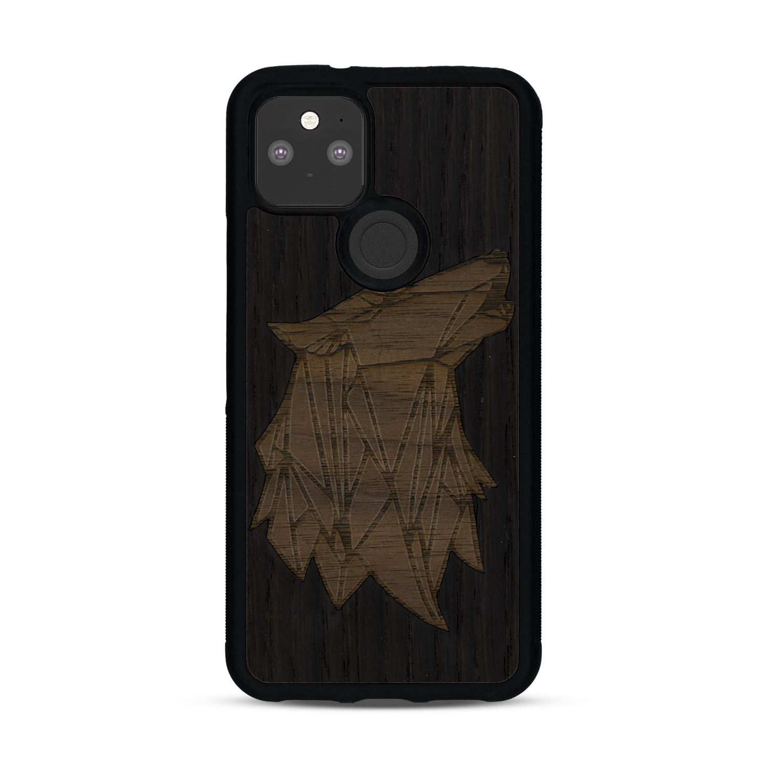 Coque de protection en bois véritable fabriquée en France pour  alliant du chêne fumé et du noyer représentant une tête de loup géométrique de profil sur le thème des animaux et de la nature