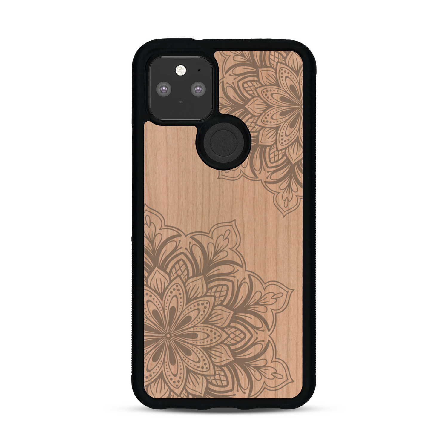 Coque de protection en bois véritable fabriquée en France pour  sur le thème de la bohème et du tatouage au henné avec une gravure représentant un mandala