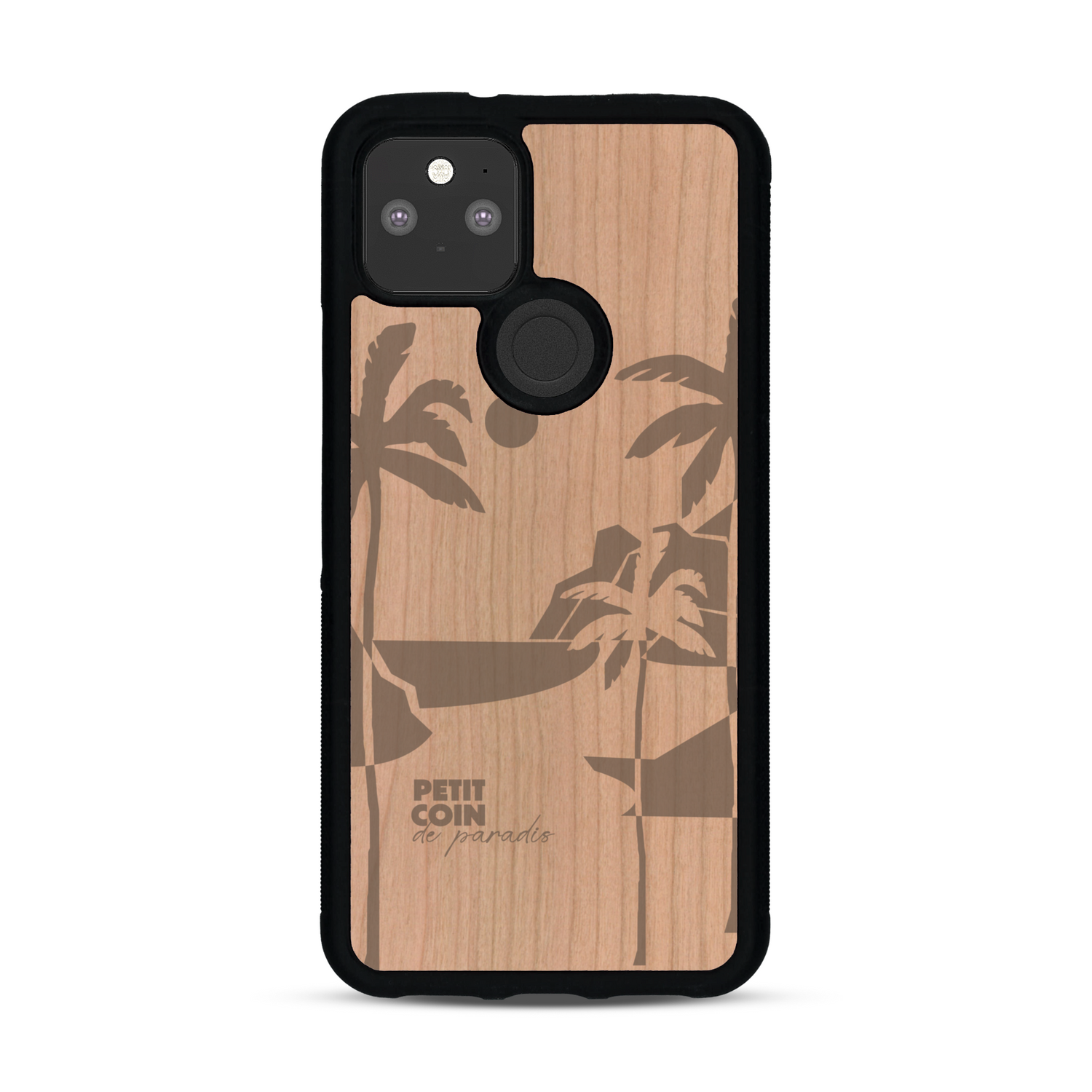 Coque de protection en bois véritable fabriquée en France pour  sur le thème des voyages en vans, vanlife et chill avec une gravure représentant un van vw combi devant le soleil couchant sur une plage avec des vagues