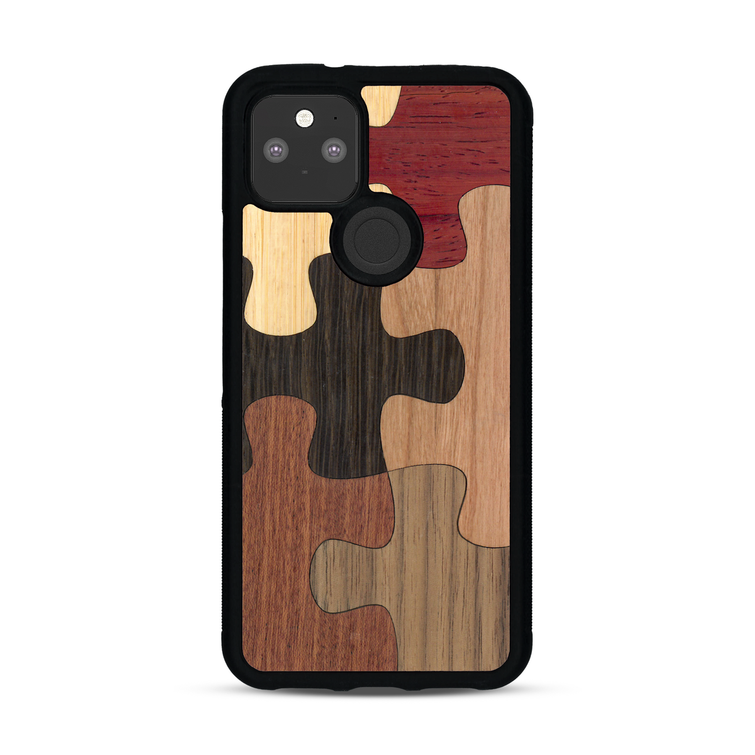 Coque de protection en bois véritable fabriquée en France pour  représentant un puzzle en six pièces qui allie du chêne fumé, du noyer, du bambou, du padouk, du merisier et de l'acajou