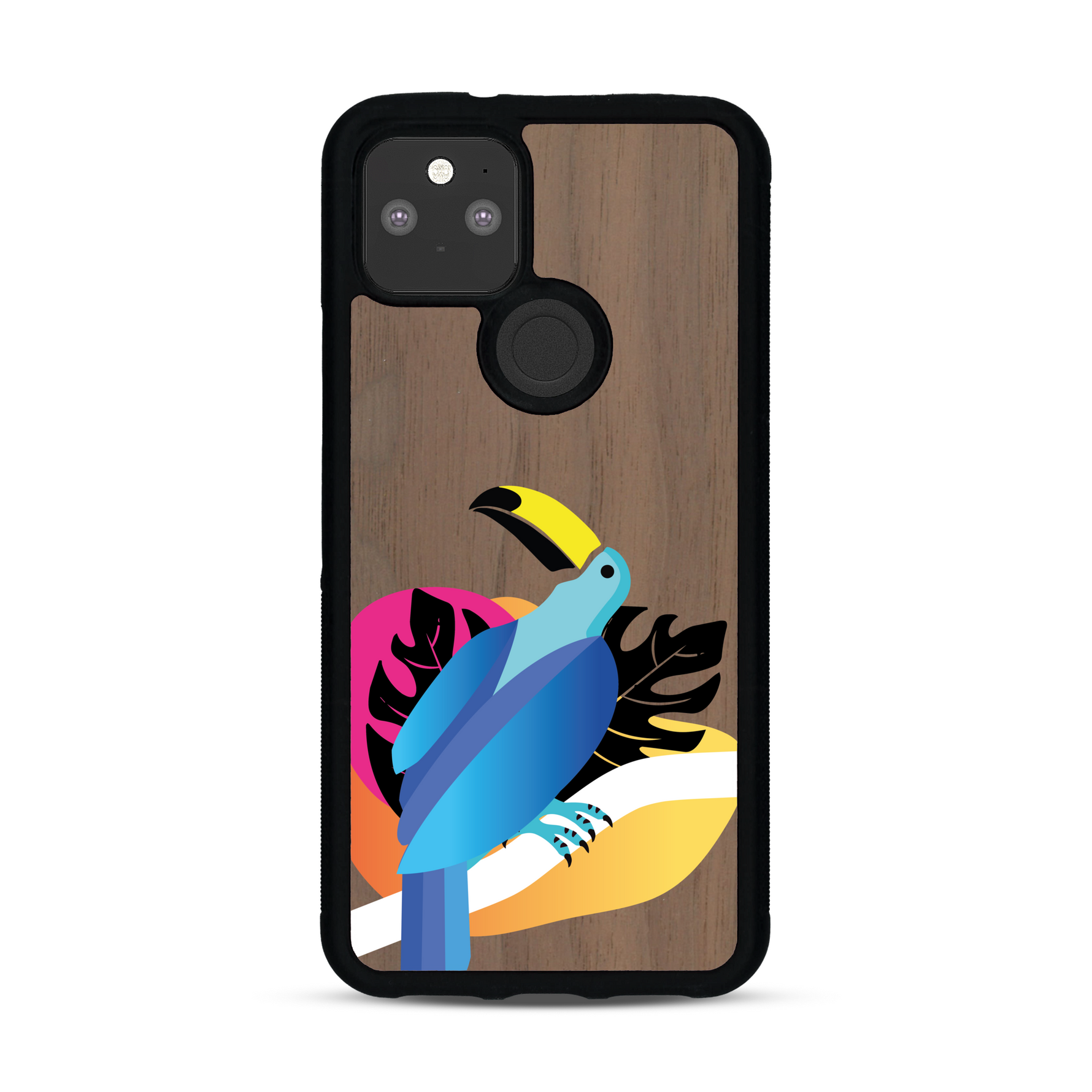 Coque de protection en bois véritable fabriquée en France pour Google Pixel 5 représentant un toucan coloré avec un design moderne et minimaliste sur le thème de la jungle et de la nature