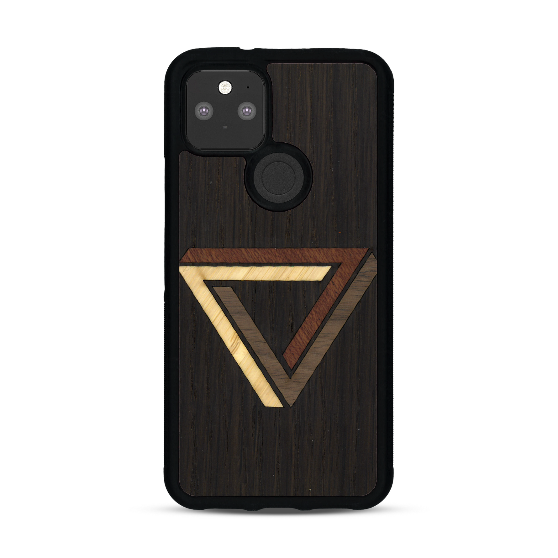 Coque de protection en bois véritable fabriquée en France pour  sur le thème de l'art géométrique qui allie du chêne fumé, du noyer, du bambou et du padouk représentant le triangle de penrose