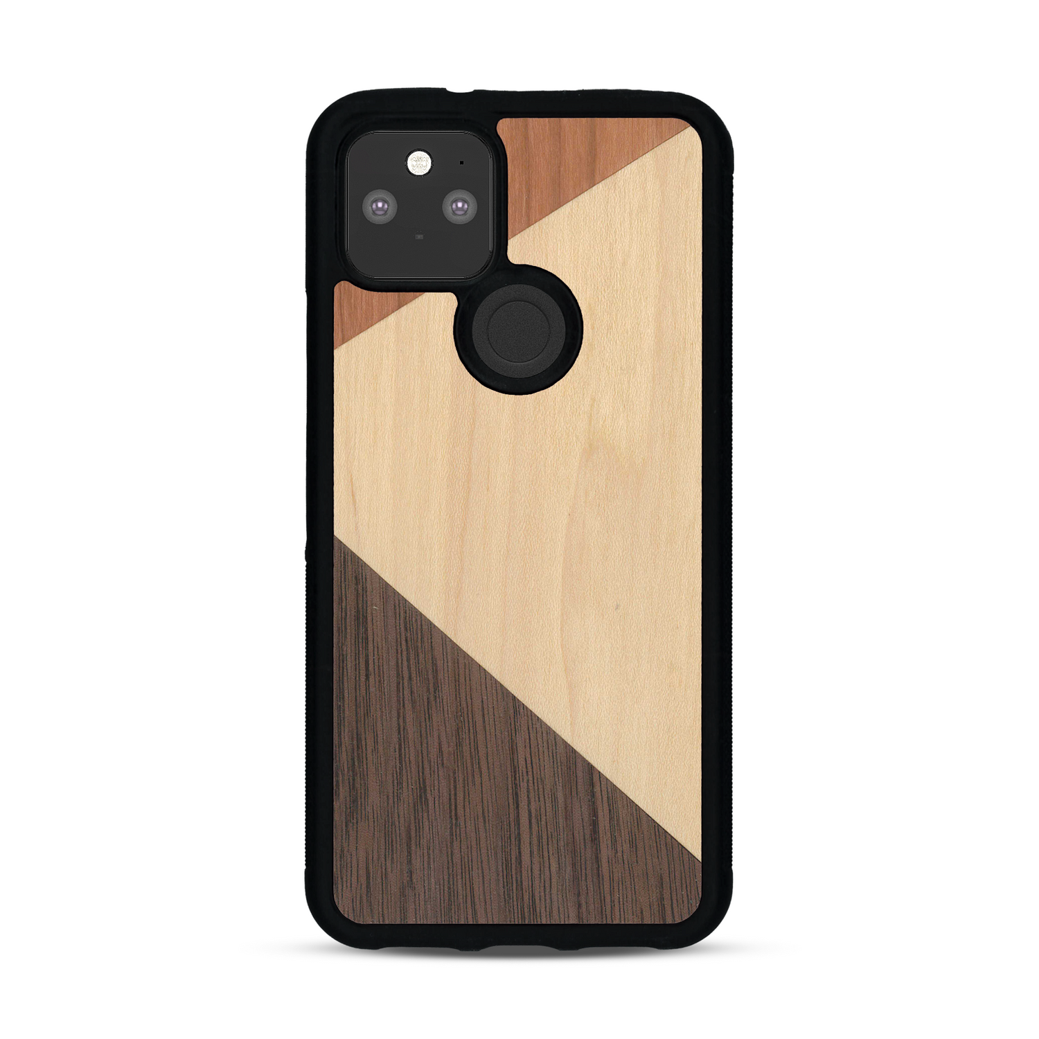 Coque de protection en bois véritable fabriquée en France pour  alliant du merisier, du noyer et du bambou formant chacun deux triangles et un trapèze avec deux jointures en diagonale sur le thème de l'art abstrait