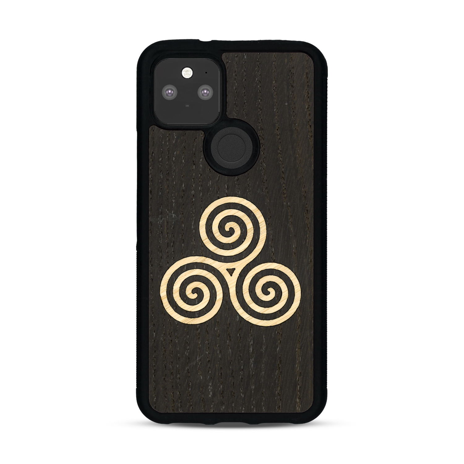 Coque de protection en bois véritable fabriquée en France pour  alliant du chêne fumé et du bambou et doré représentant un triskell