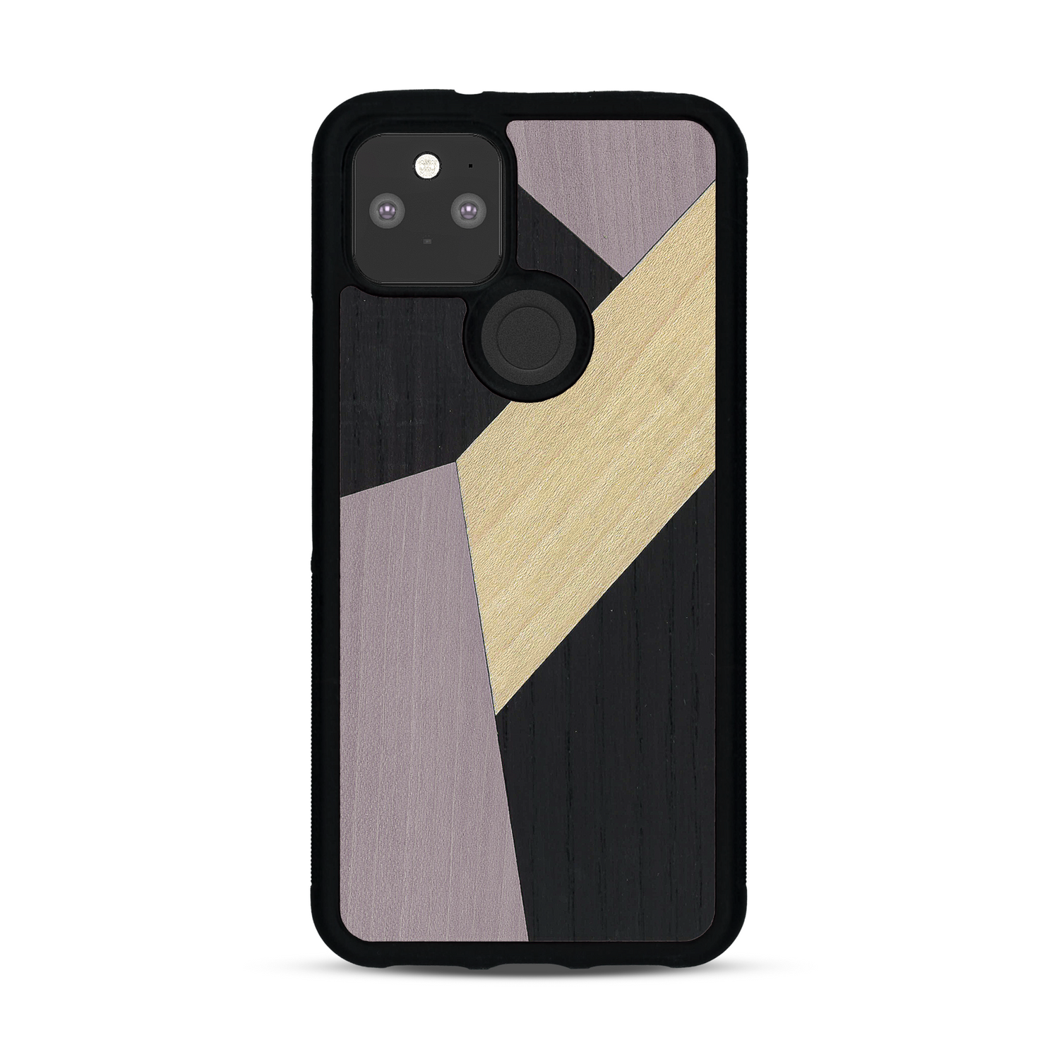 Coque de protection en bois véritable fabriquée en France pour  alliant du bambou, du tulipier mauve et noir en forme de mosaïque minimaliste sur le thème de l'art abstrait