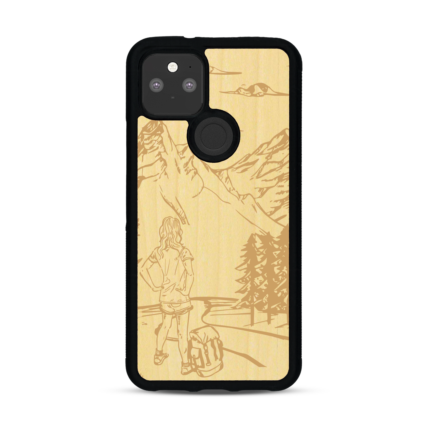 Coque de protection en bois véritable fabriquée en France pour  sur le thème de la randonnée en montagne et de l'aventure avec une gravure représentant une femme de dos face à un paysage de nature