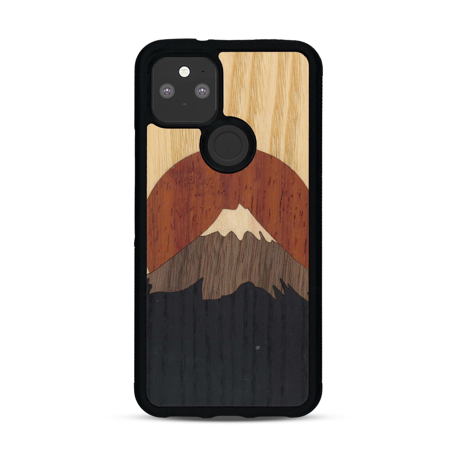 Coque de protection en bois véritable fabriquée en France pour  alliant plusieurs essences de bois pour représenter le mont Fuji