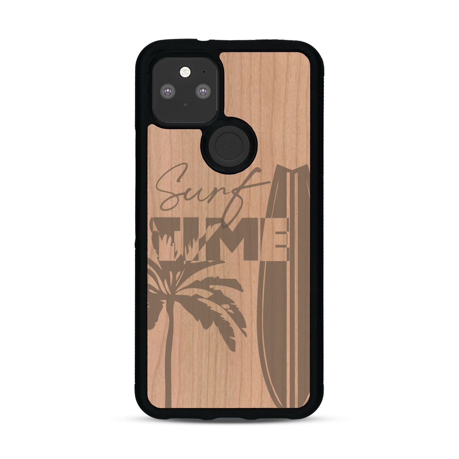 Coque de protection en bois véritable fabriquée en France pour  sur le thème chill avec un motif représentant une silouhette tenant une planche de surf sur une plage entouré de palmiers et les mots "Surf Time Long Beach Miami"