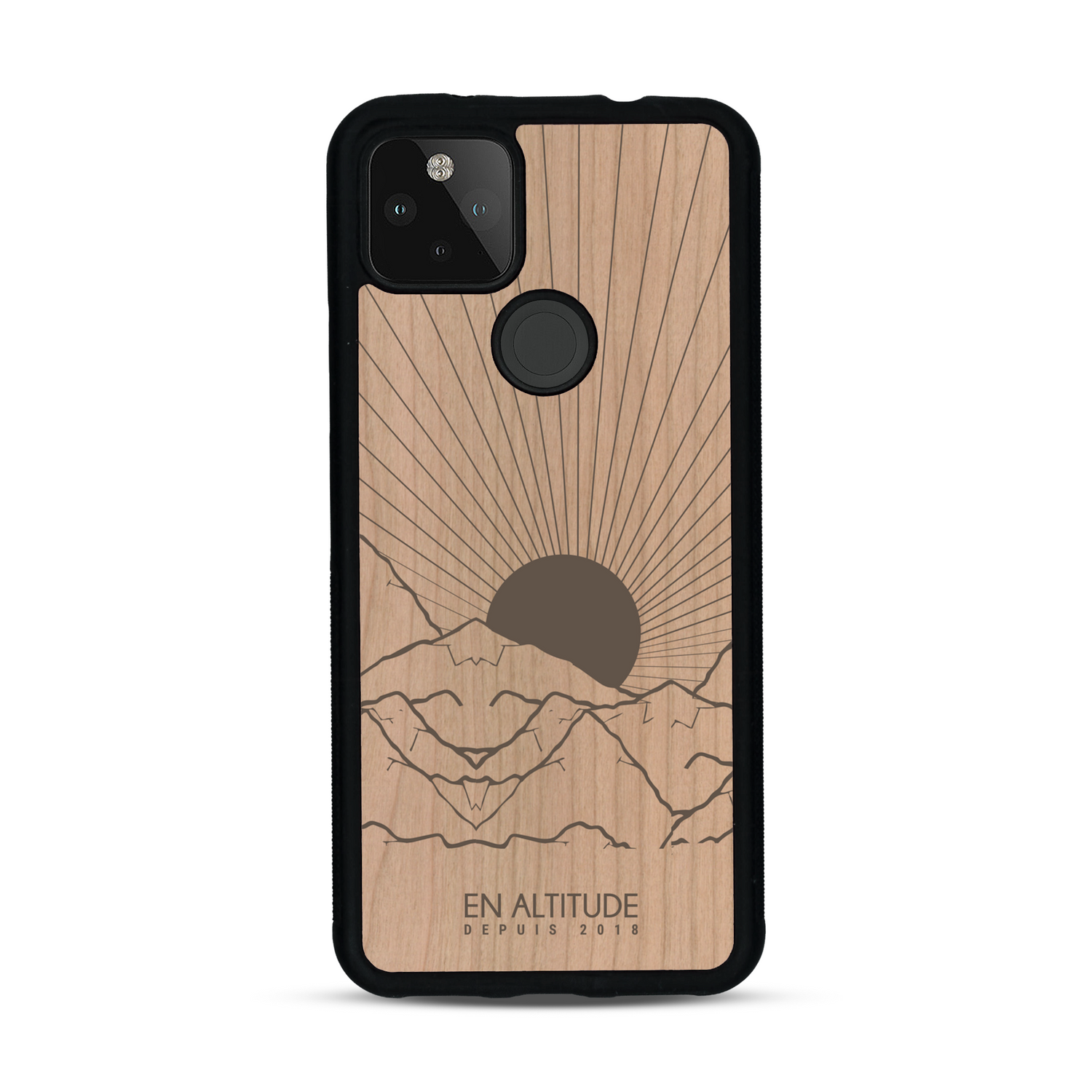 Coque de protection en bois véritable fabriquée en France pour  représentant des montagnes, sur le thème de la randonnée en pleine nature et du trail