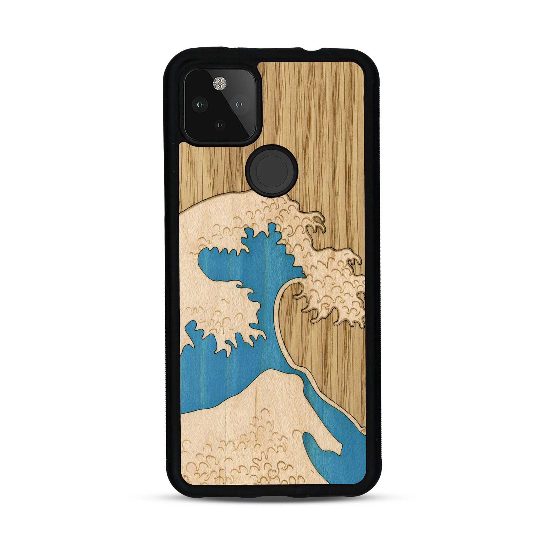 Coque de protection en bois véritable fabriquée en France pour  alliant plusieurs essences de bois pour représenter la célèbre grande vague de Kanagawa