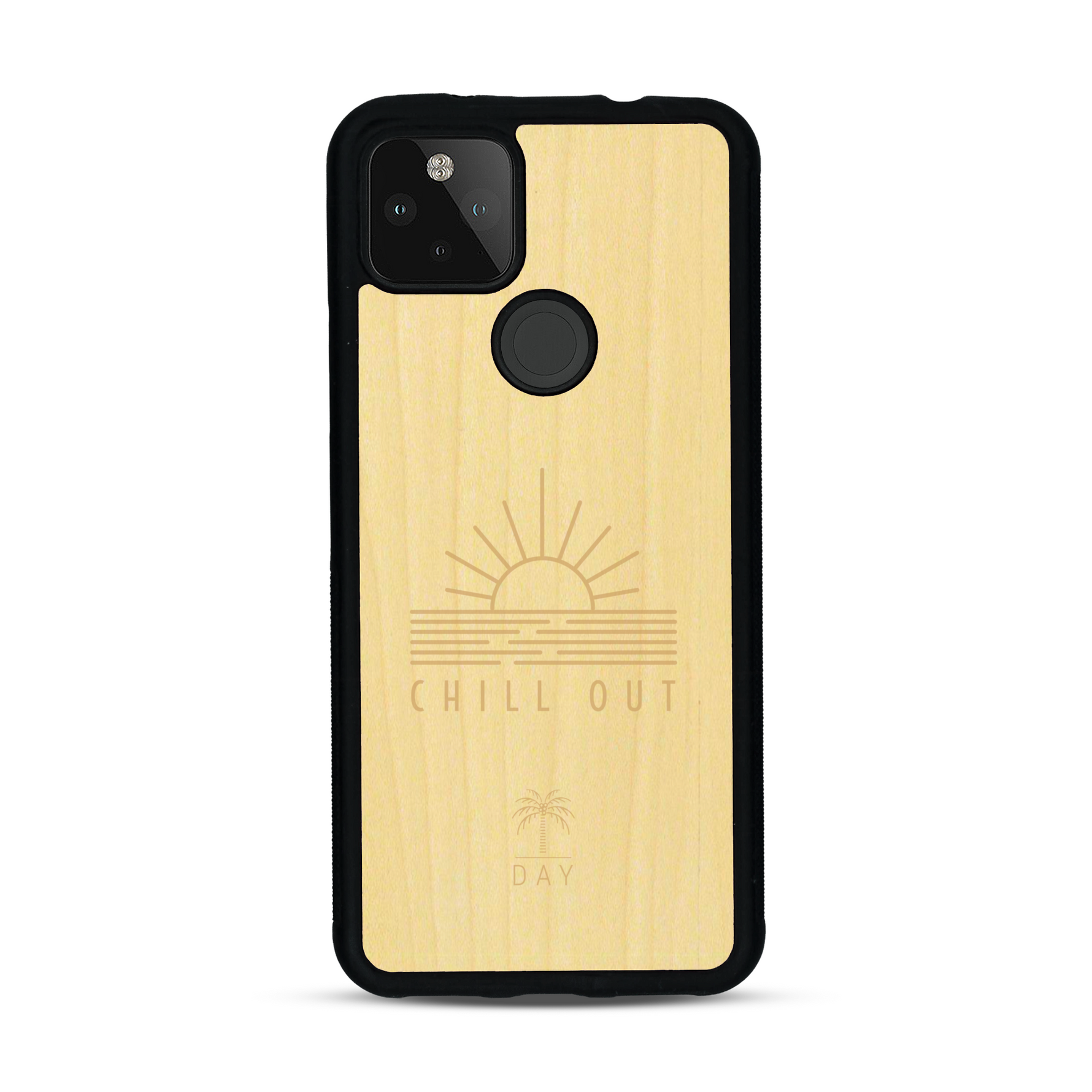 Coque de protection en bois véritable fabriquée en France pour  sur le thème chill avec un motif représentant un couché de soleil sur l'océan et la phrase "Chill out"