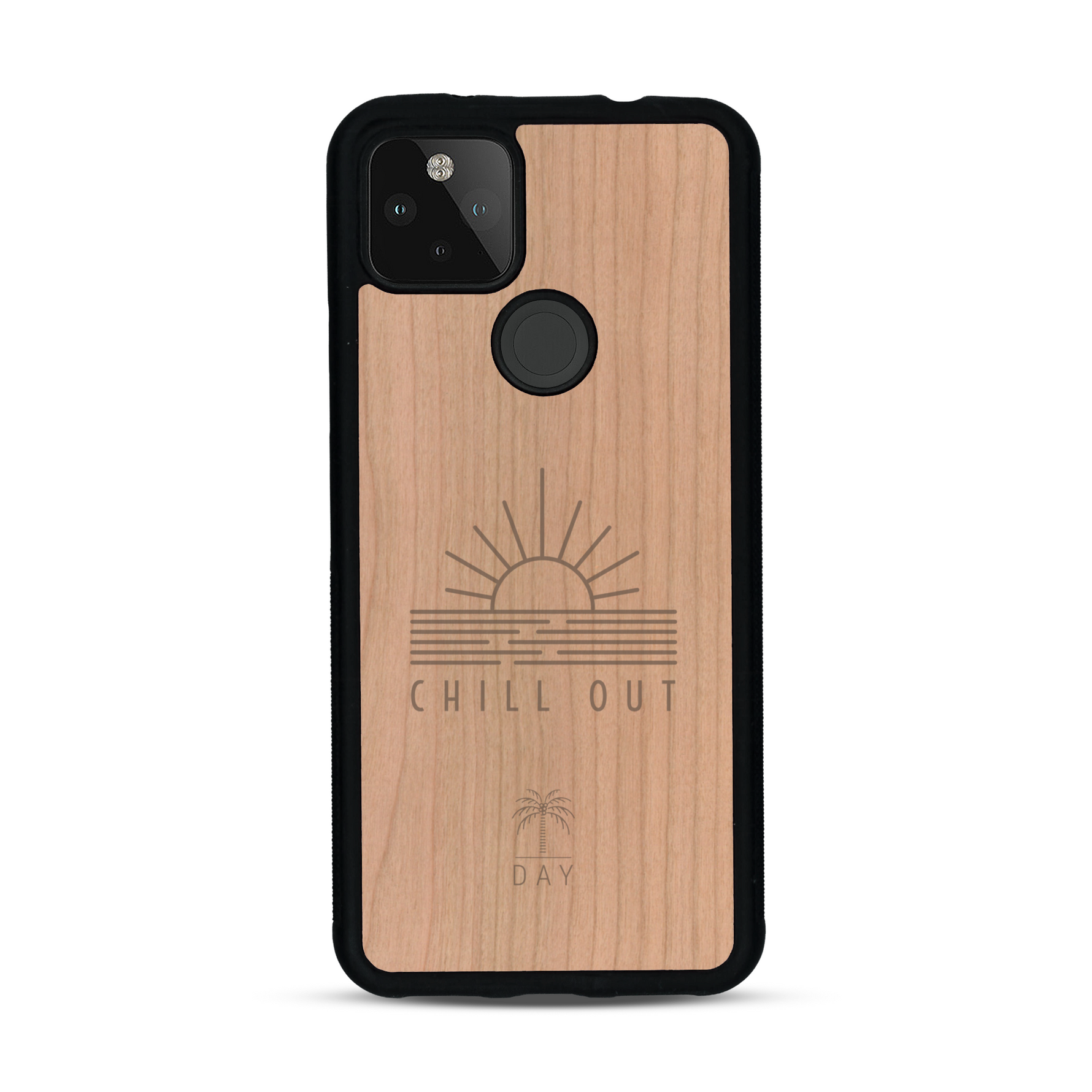 Coque de protection en bois véritable fabriquée en France pour  sur le thème chill avec un motif représentant un couché de soleil sur l'océan et la phrase "Chill out"
