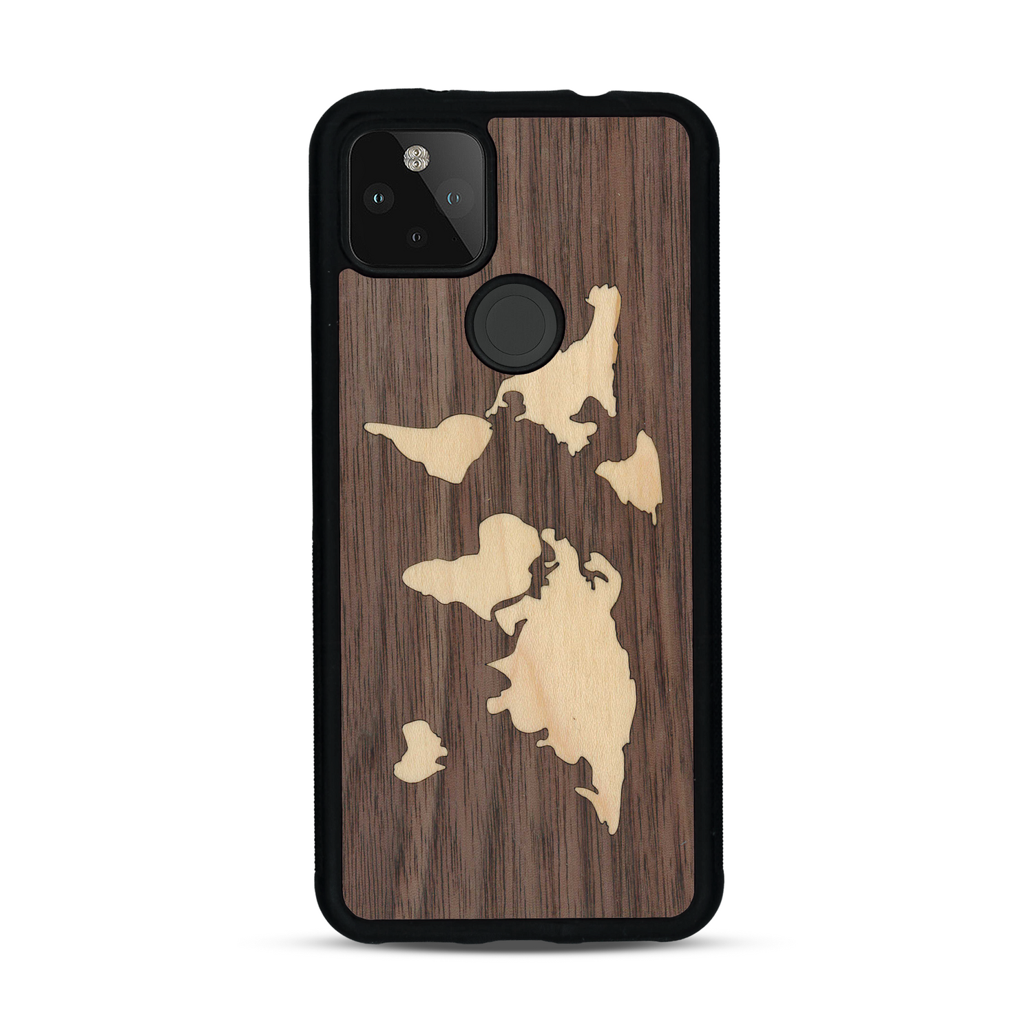 Coque de protection en bois véritable fabriquée en France pour  alliant du bambou et du noyer sur le thème du voyage et de l'aventure représentant une mappemonde