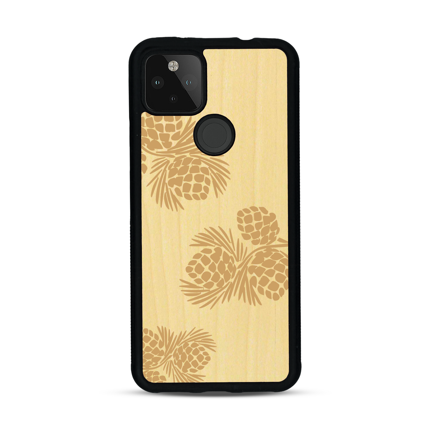 Coque de protection en bois véritable fabriquée en France pour  sur le thème de la nature des arbres avec un motif de gravure représentant des épines de sapin et des pommes de pin