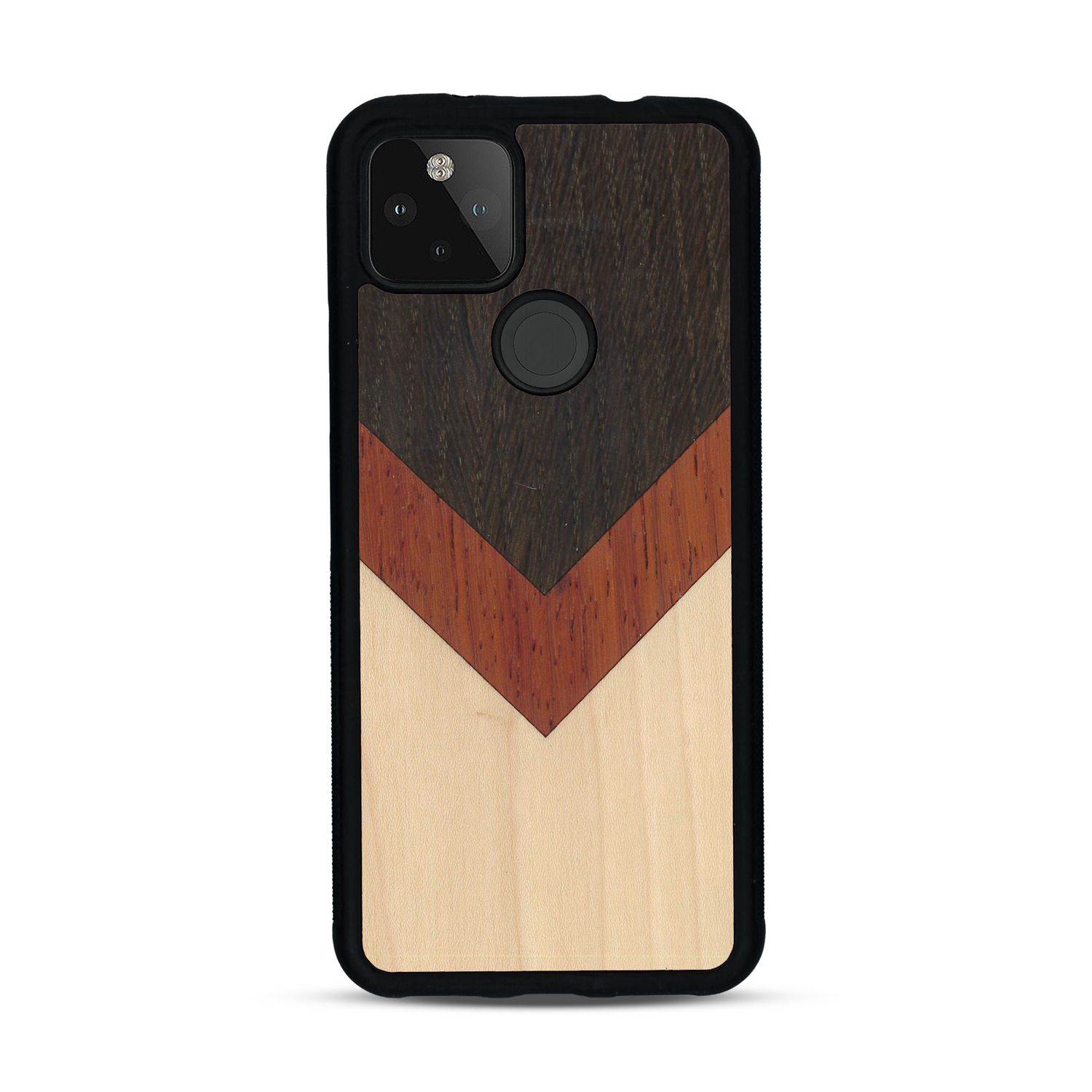 Coque de protection en bois véritable fabriquée en France pour  alliant du chêne fumé, du padouk et du bambou en forme de chevron sur le thème de l'art abstrait