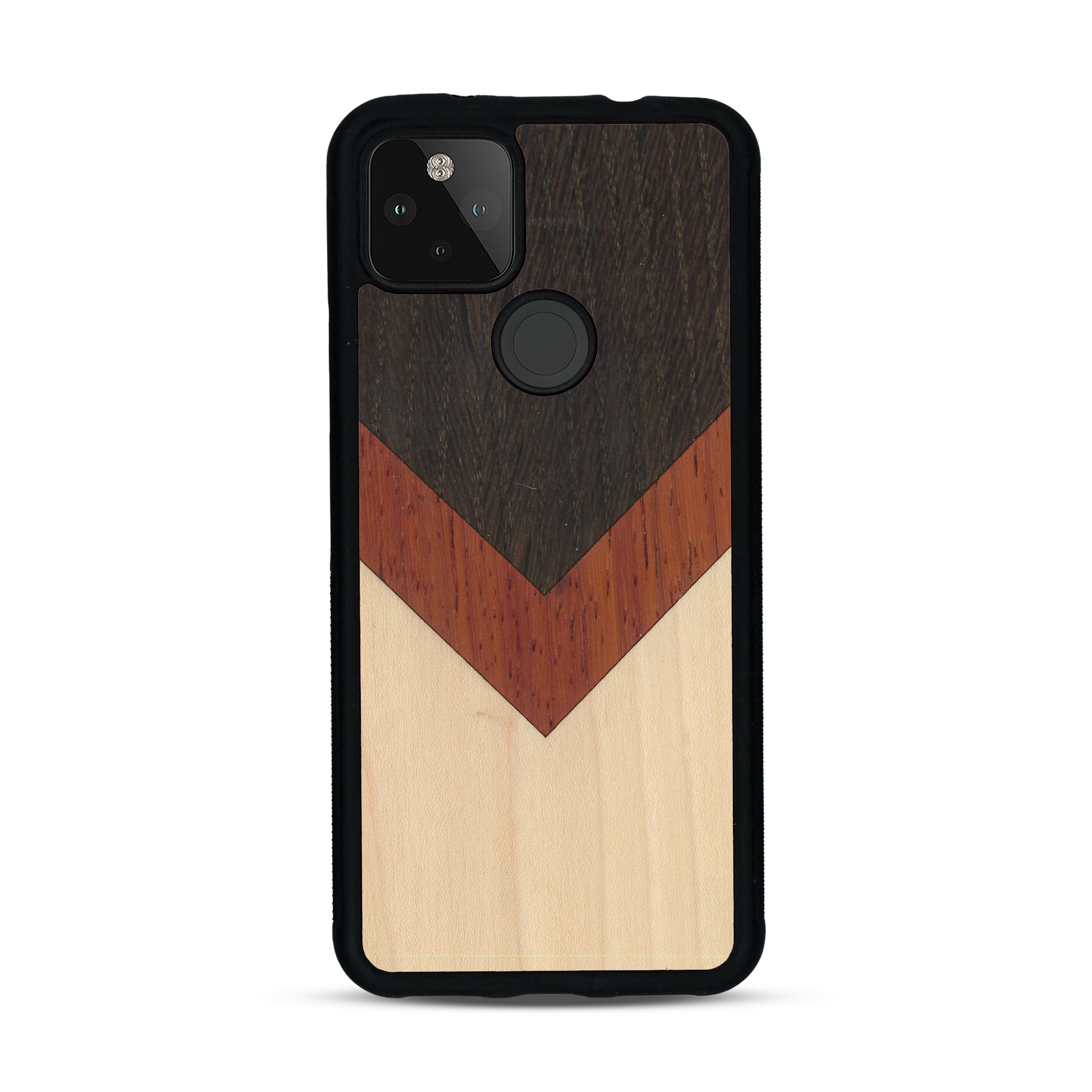 Coque de protection en bois véritable fabriquée en France pour  alliant du chêne fumé, du padouk et du bambou en forme de chevron sur le thème de l'art abstrait