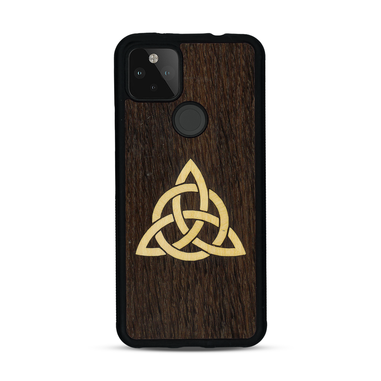 Coque de protection en bois véritable fabriquée en France pour  alliant du chêne fumé et du bambou représentant une triquetra