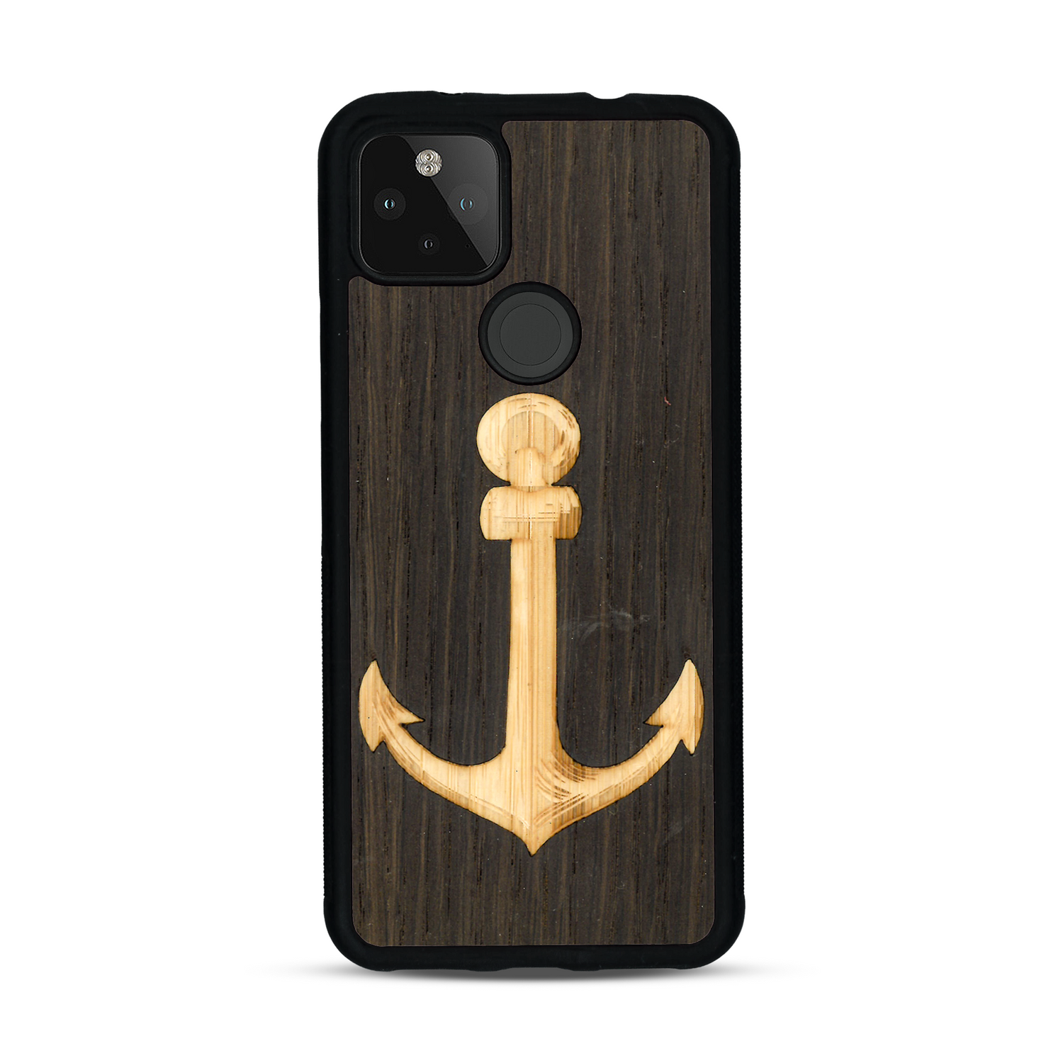Coque de protection en bois véritable fabriquée en France pour  sur le thème nautique avec un bois clair et un bois foncé représentant une ancre de bateau