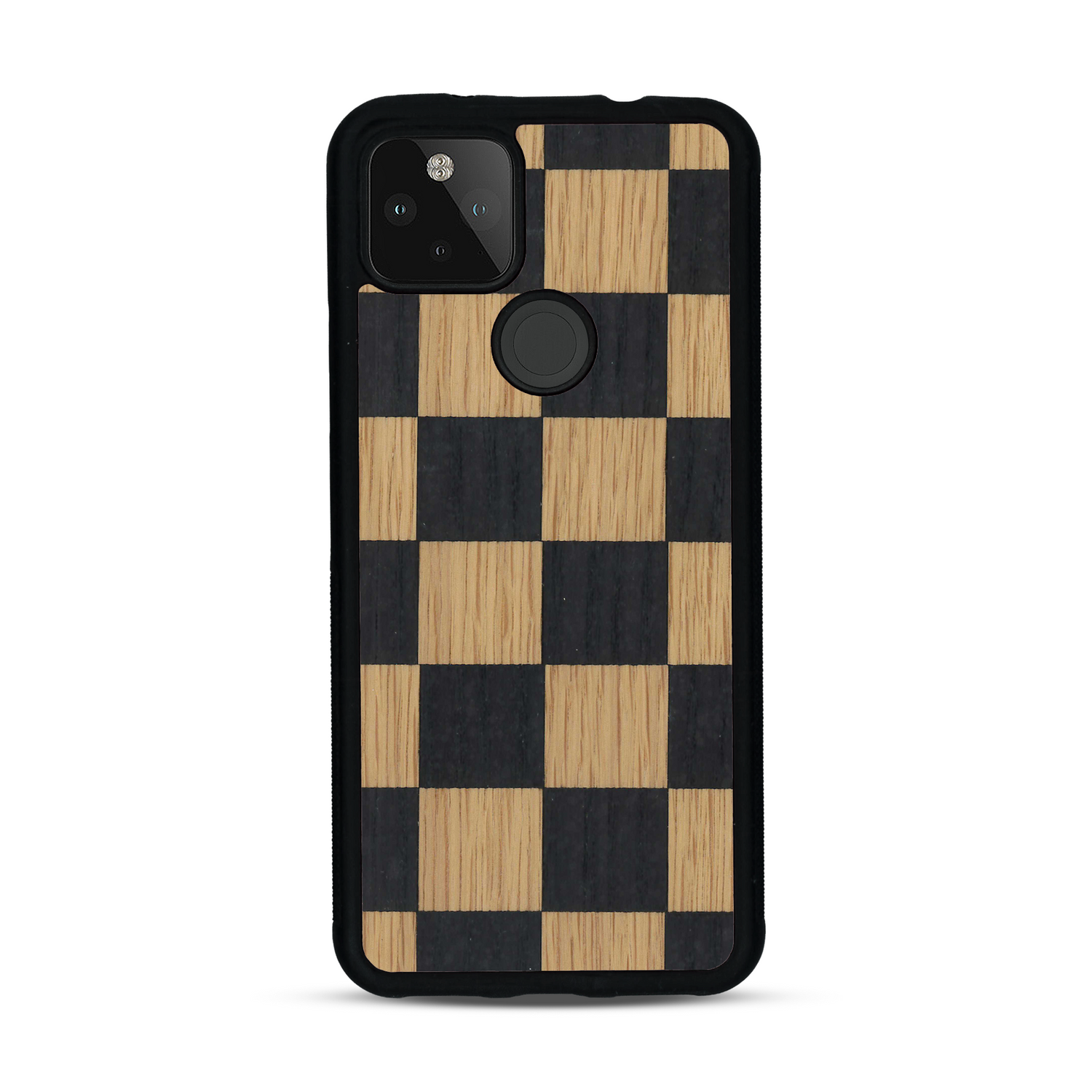 Coque de protection en bois véritable fabriquée en France pour  alliant plusieurs essences de bois pour représenter un damier
