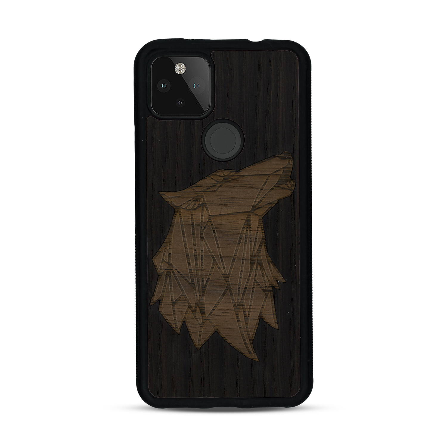 Coque de protection en bois véritable fabriquée en France pour  alliant du chêne fumé et du noyer représentant une tête de loup géométrique de profil sur le thème des animaux et de la nature