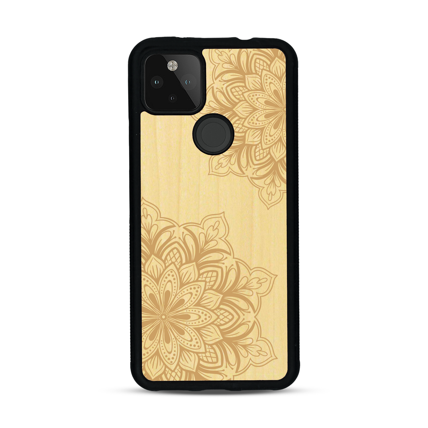 Coque de protection en bois véritable fabriquée en France pour  sur le thème de la bohème et du tatouage au henné avec une gravure représentant un mandala